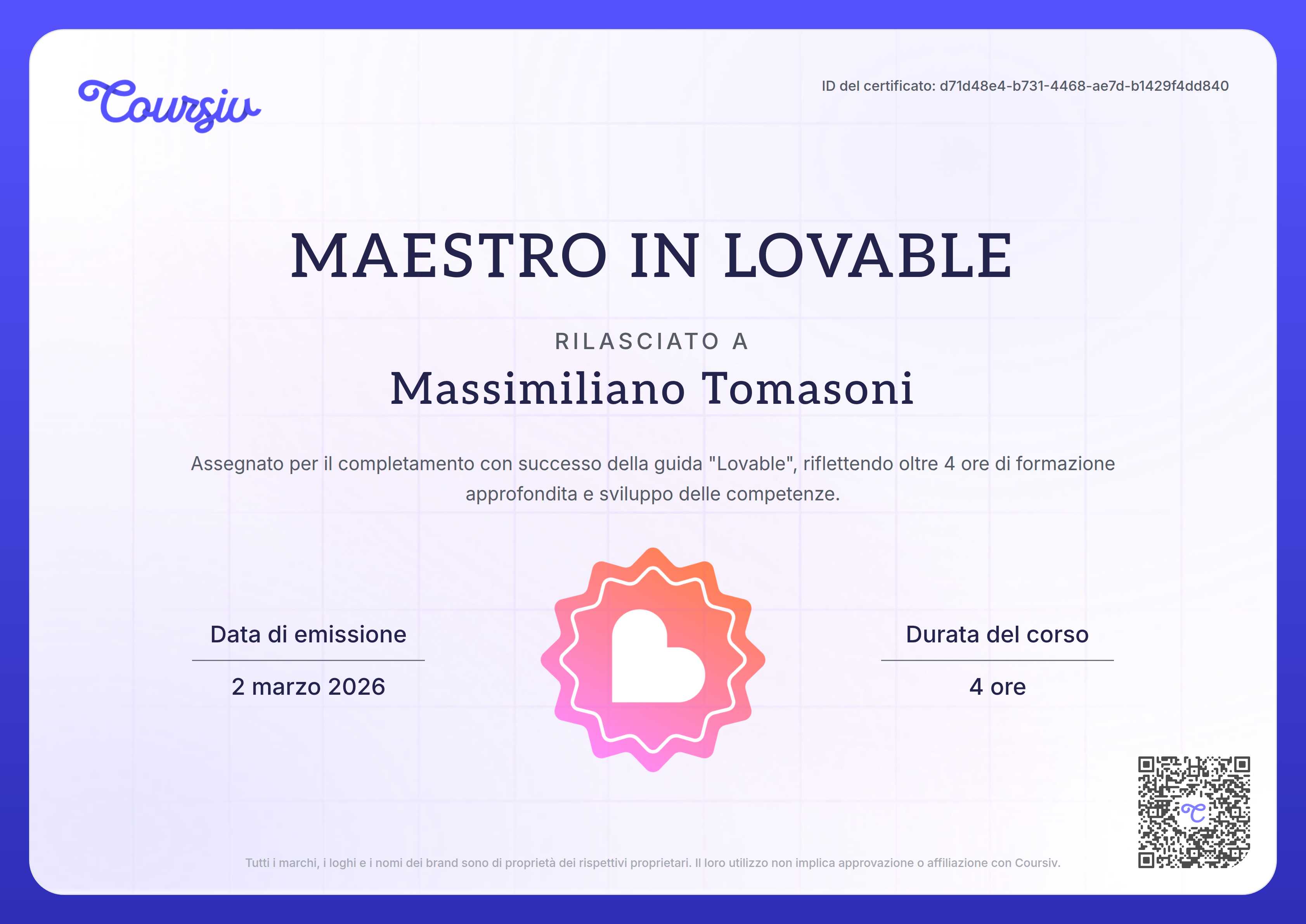Certificate for Lovable