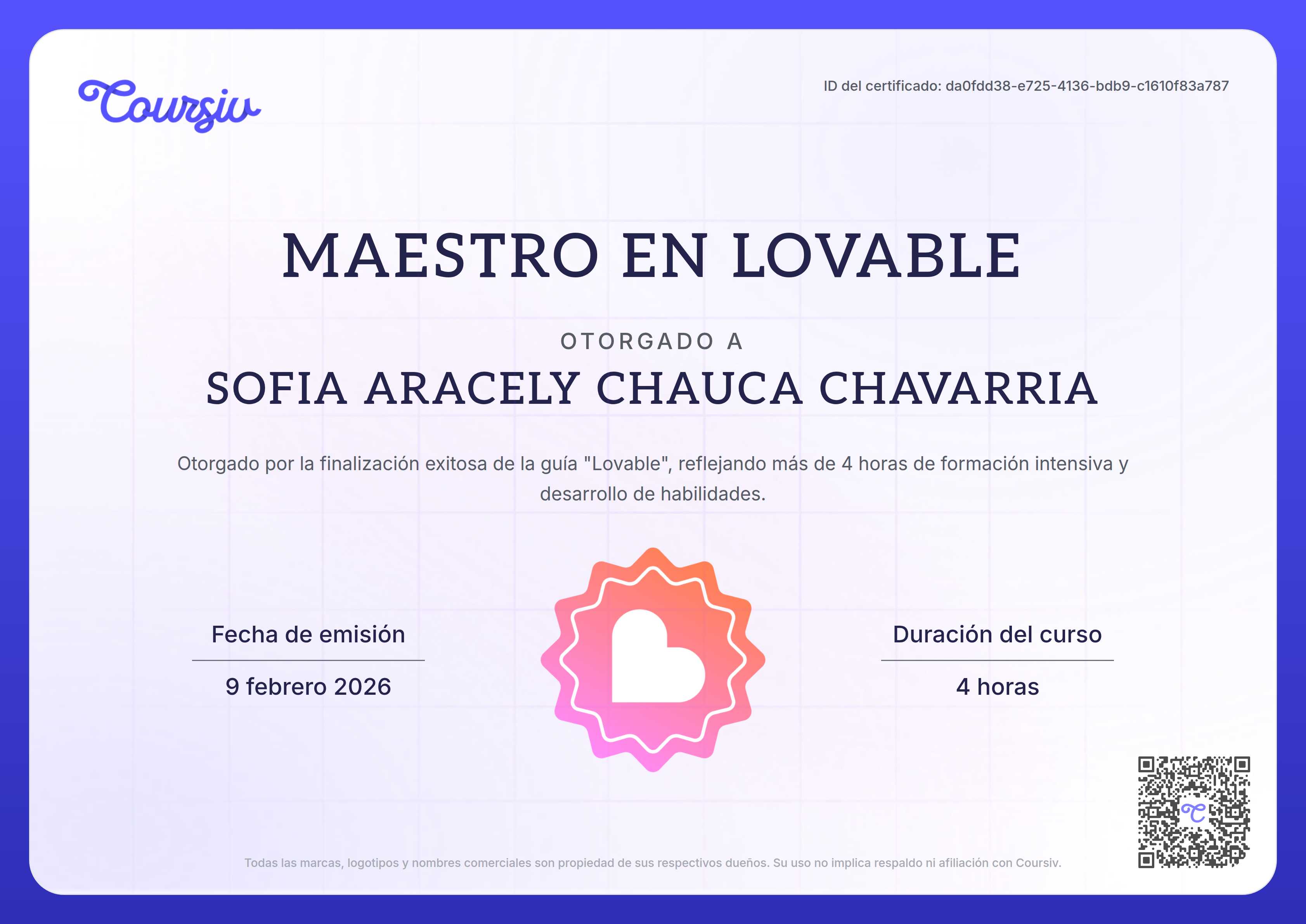 Certificate for Lovable
