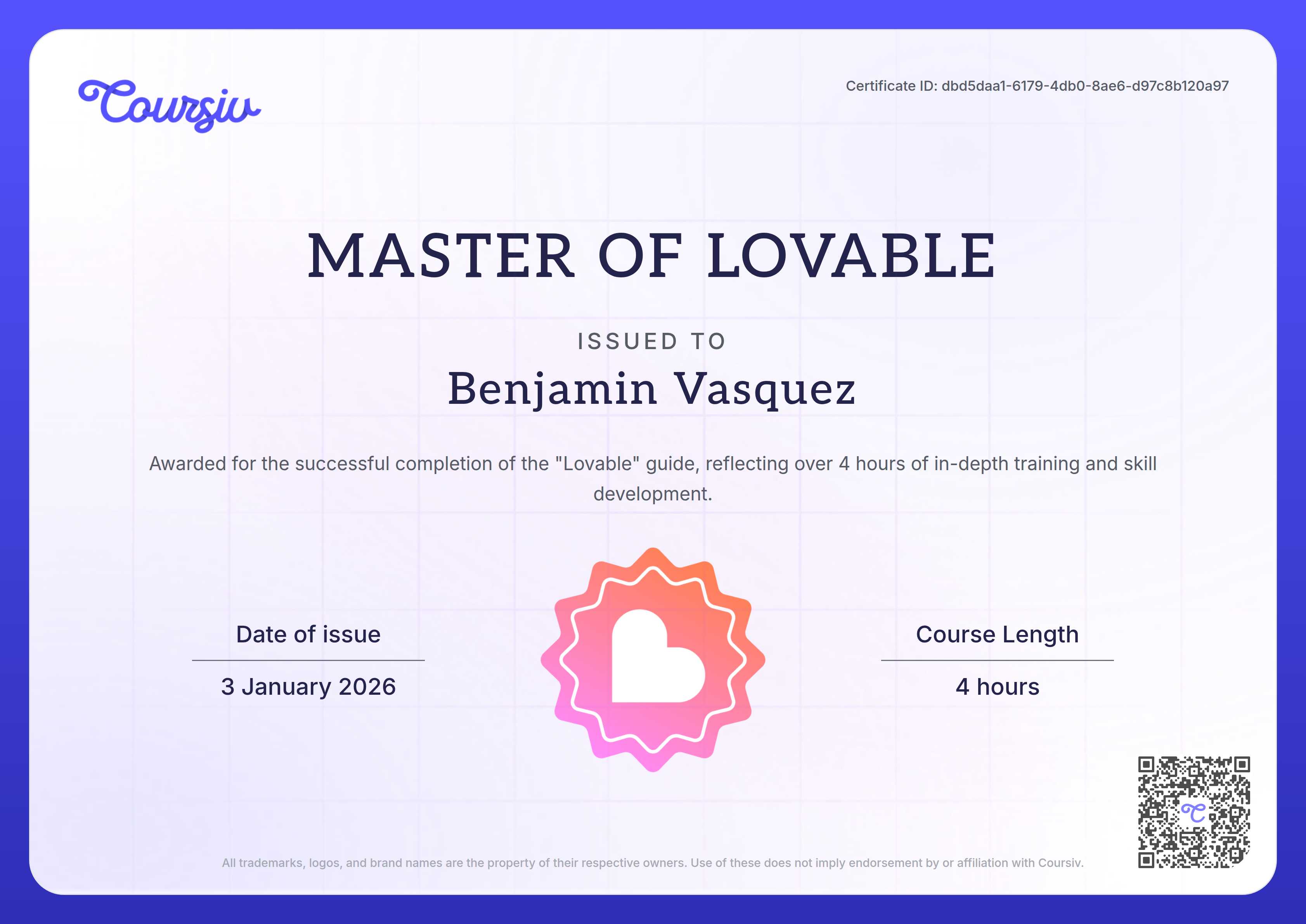 Certificate for Lovable