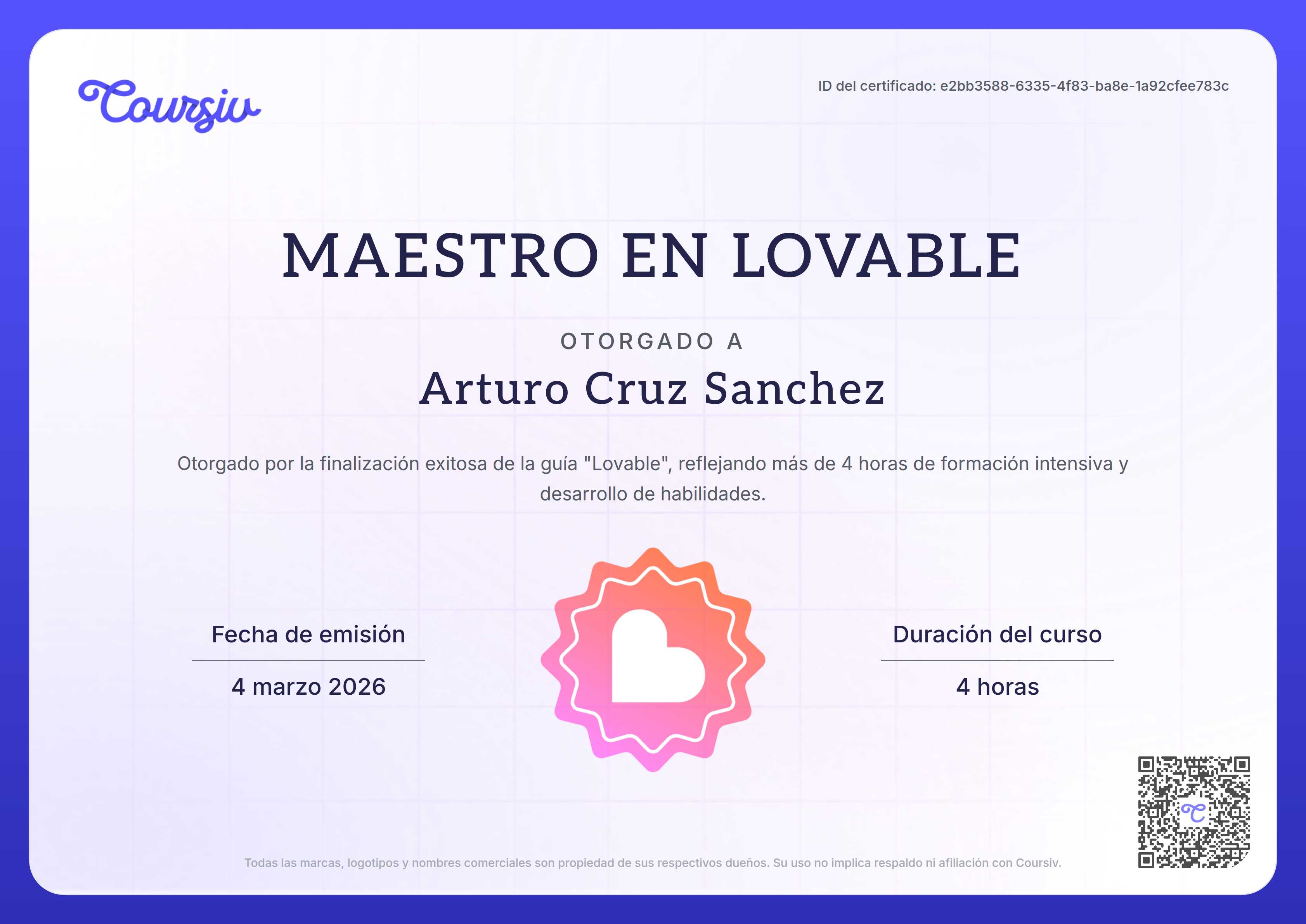 Certificate for Lovable