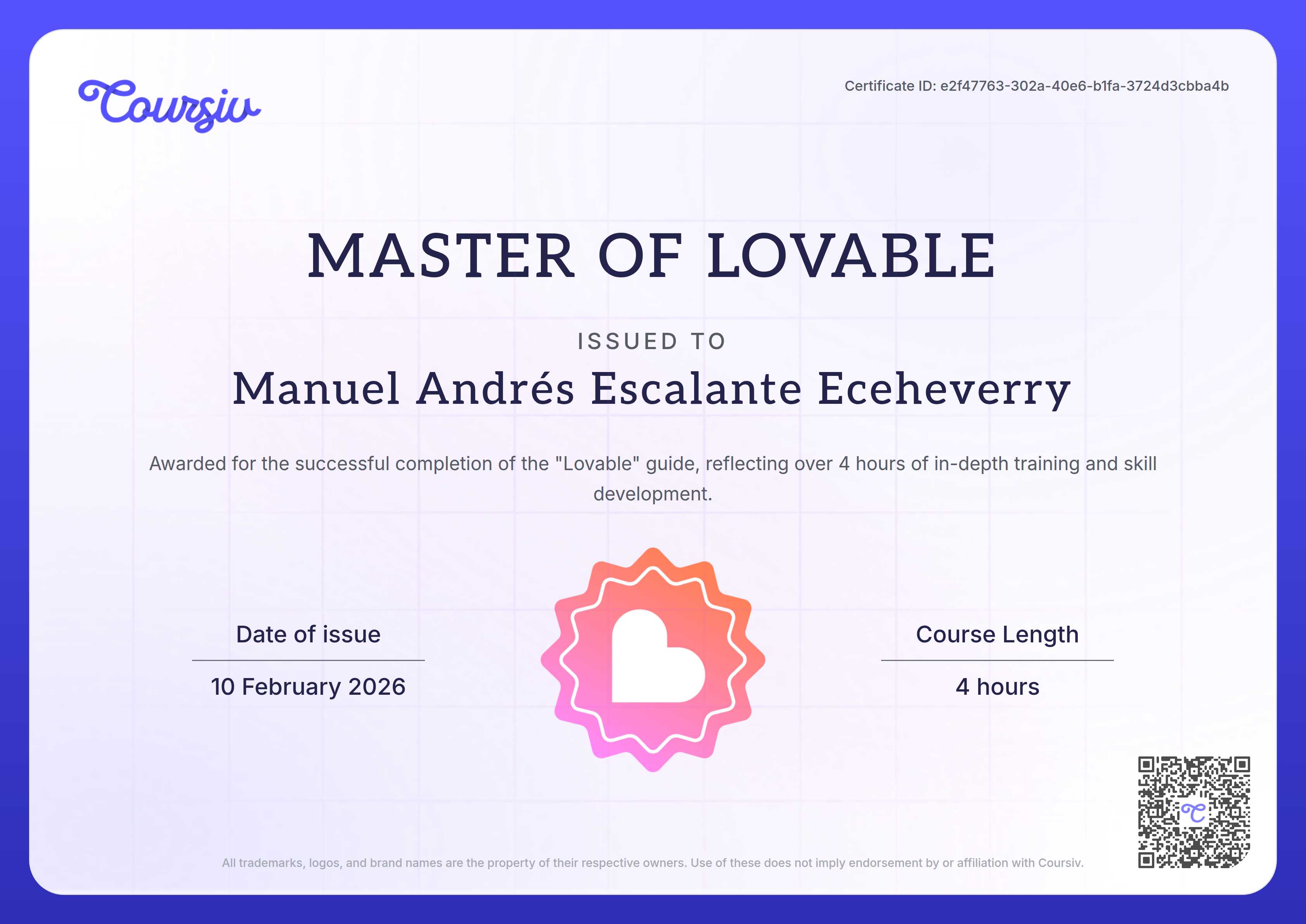 Certificate for Lovable