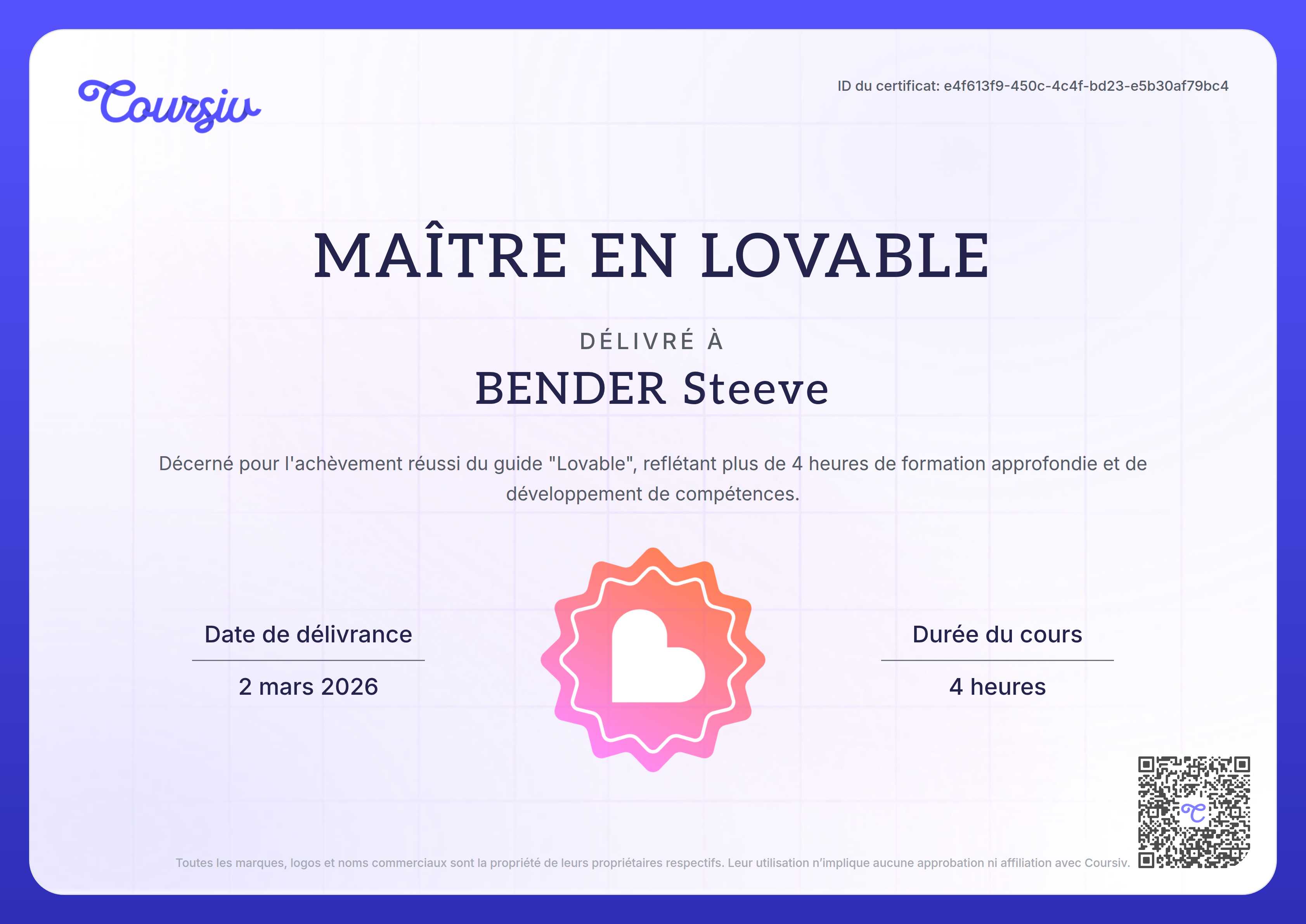 Certificate for Lovable