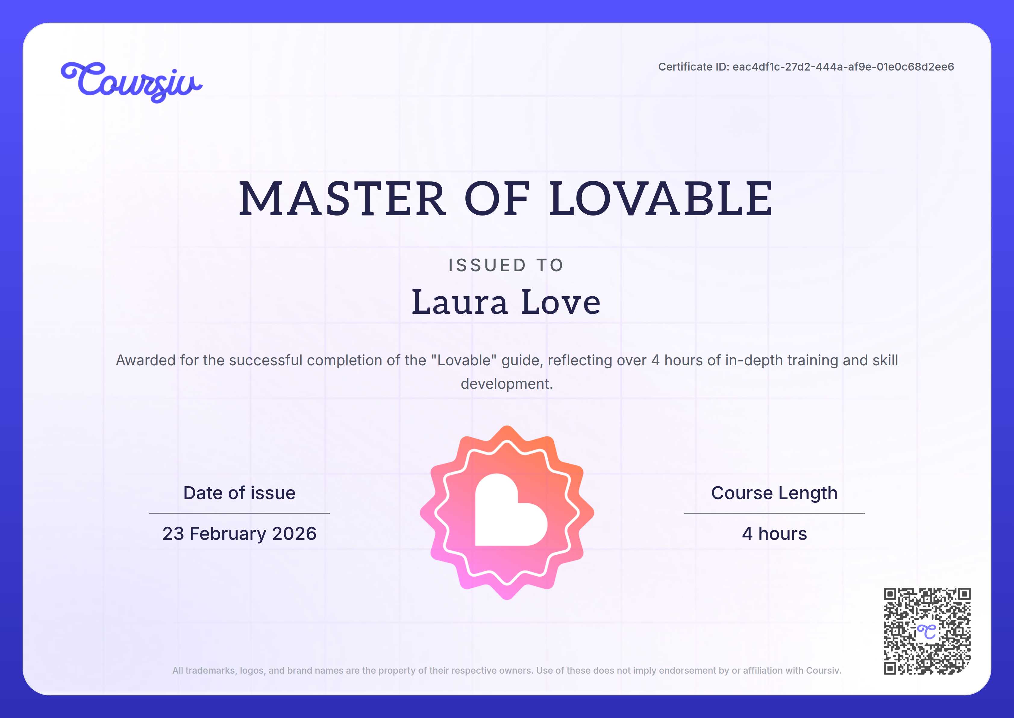 Certificate for Lovable
