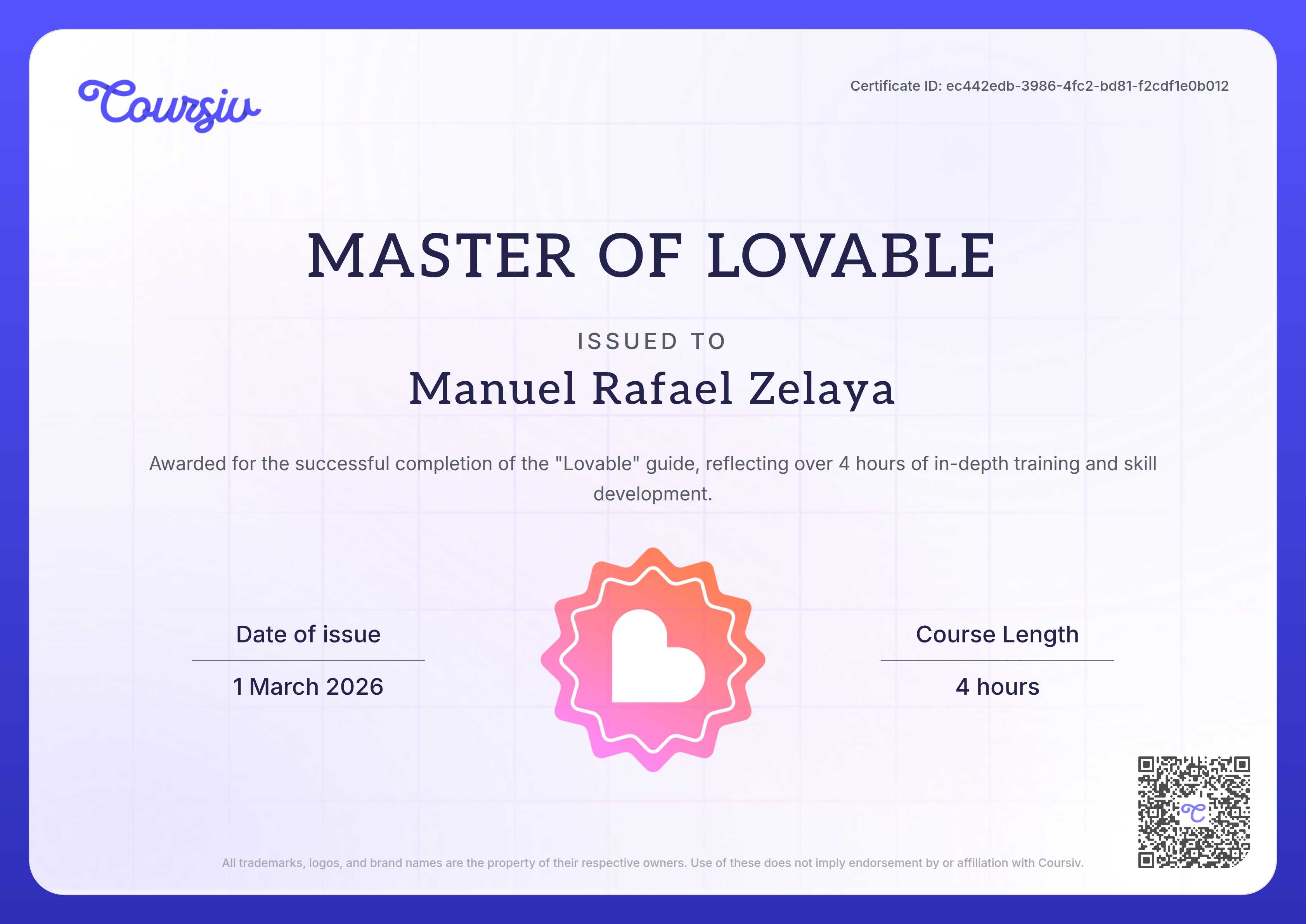 Certificate for Lovable