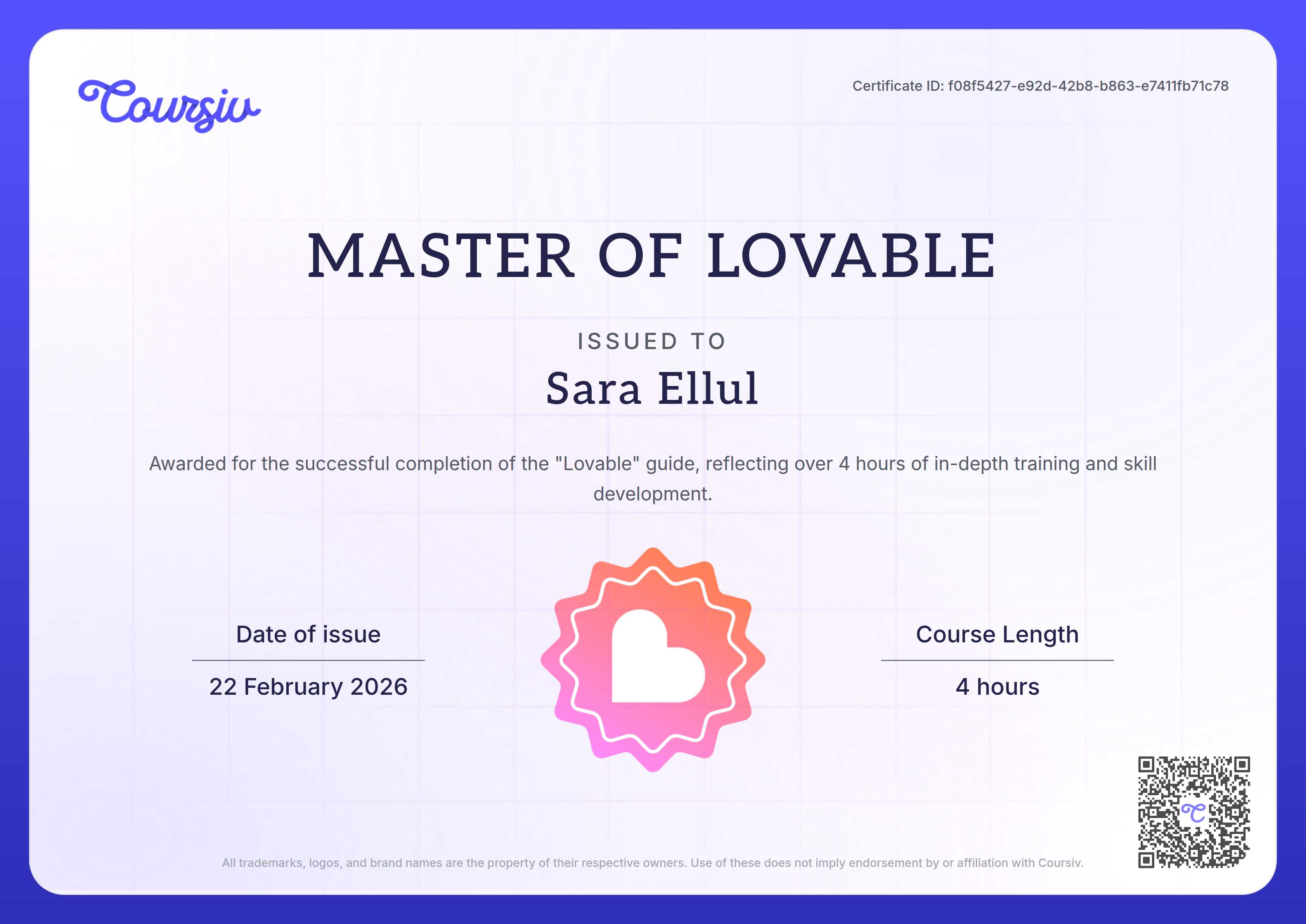 Certificate for Lovable