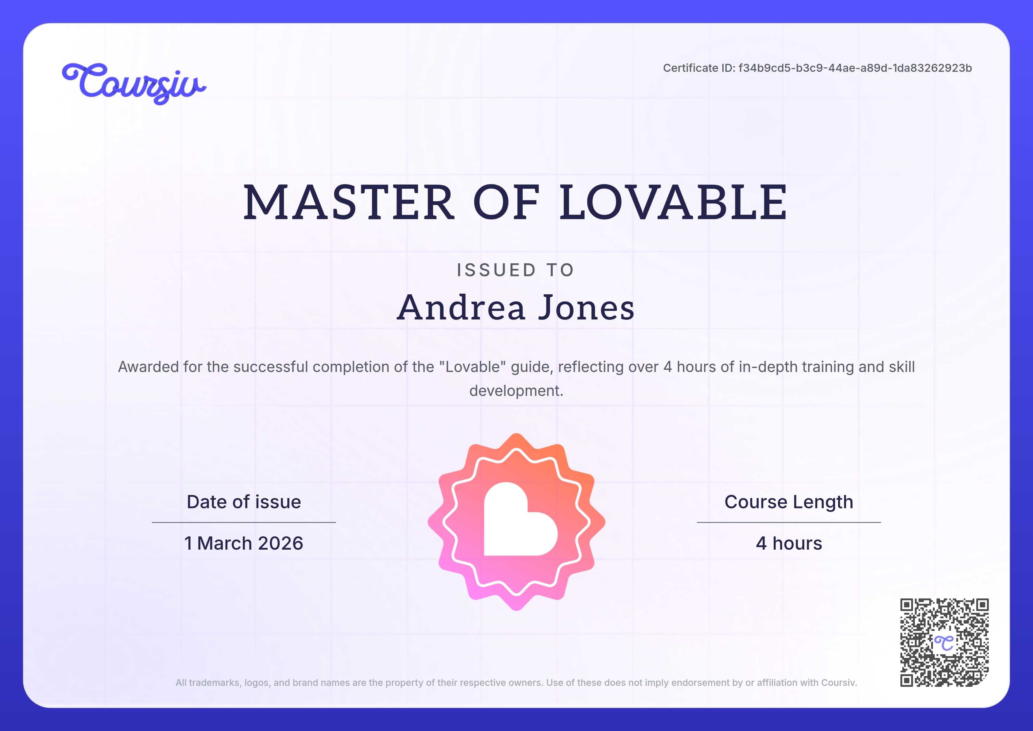 Certificate for Lovable