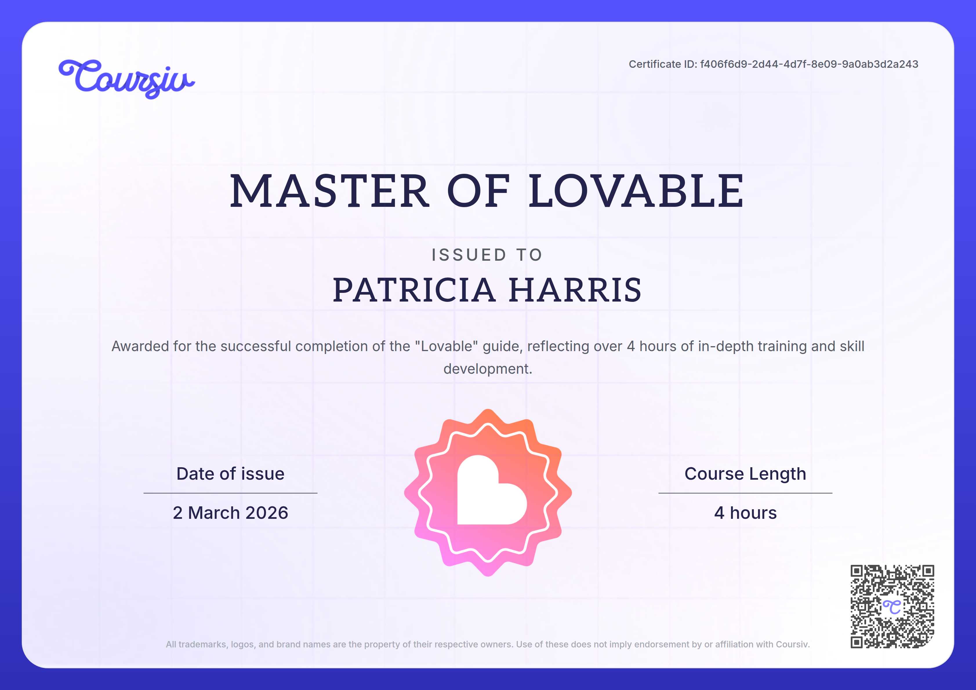 Certificate for Lovable