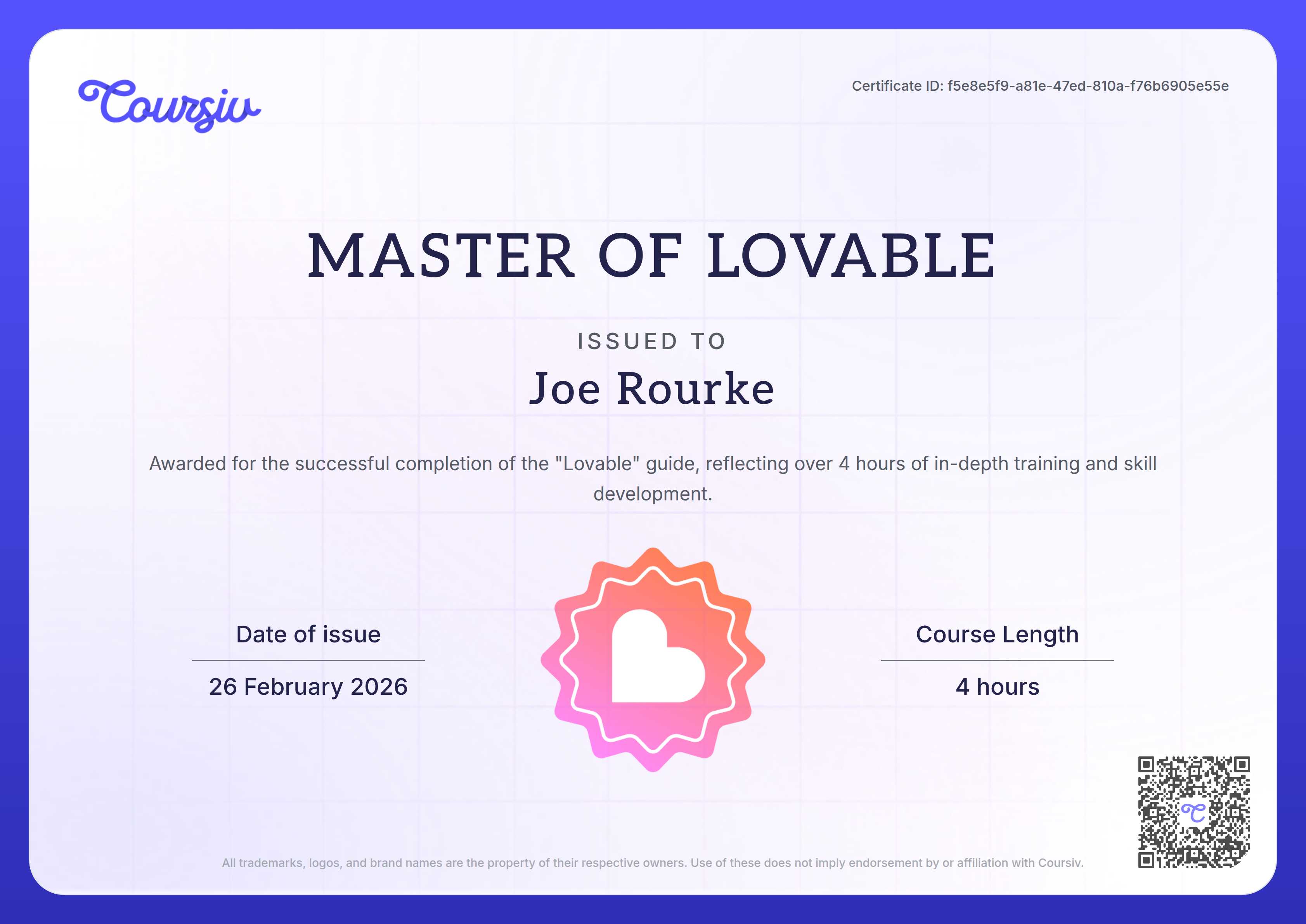 Certificate for Lovable