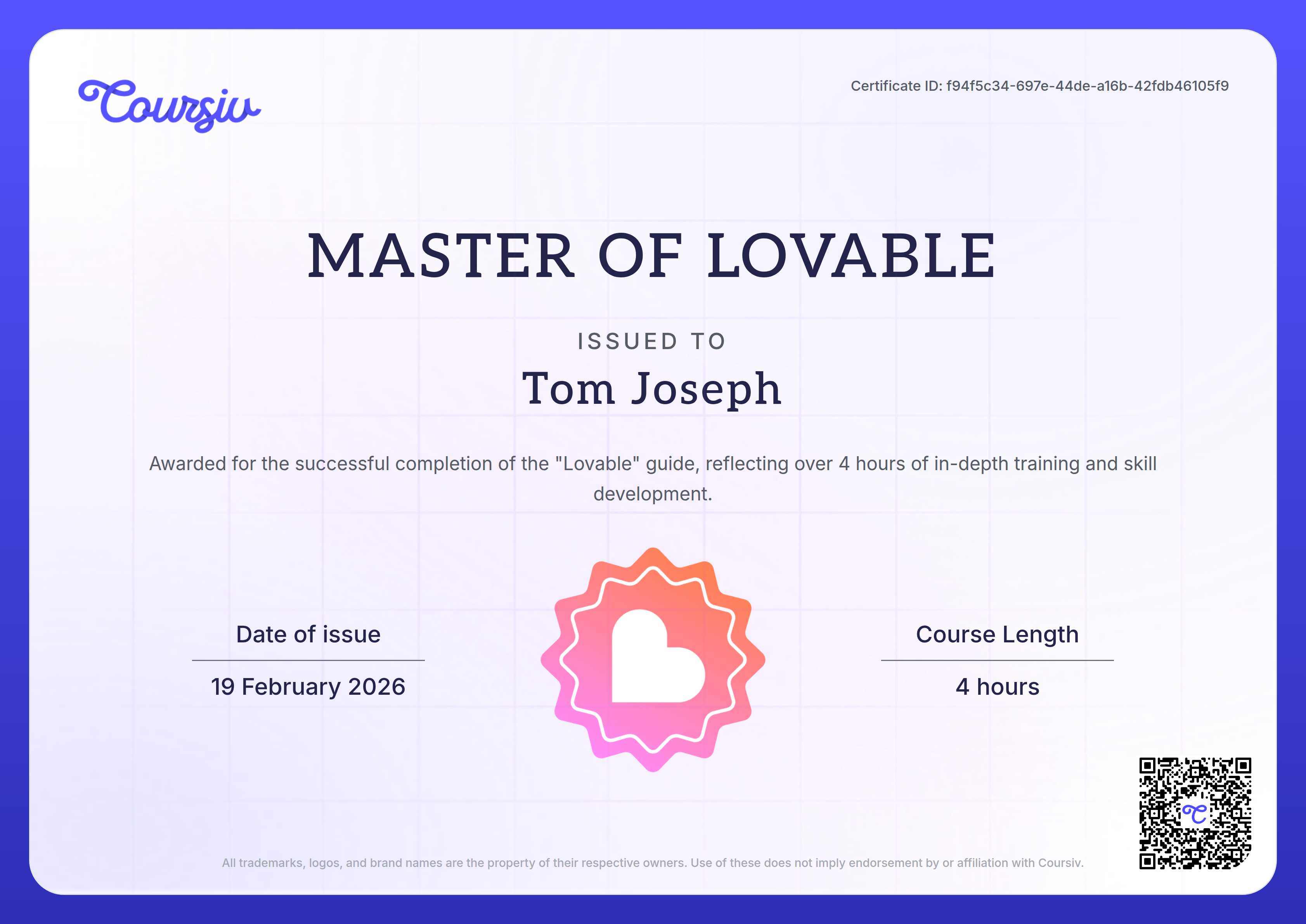 Certificate for Lovable