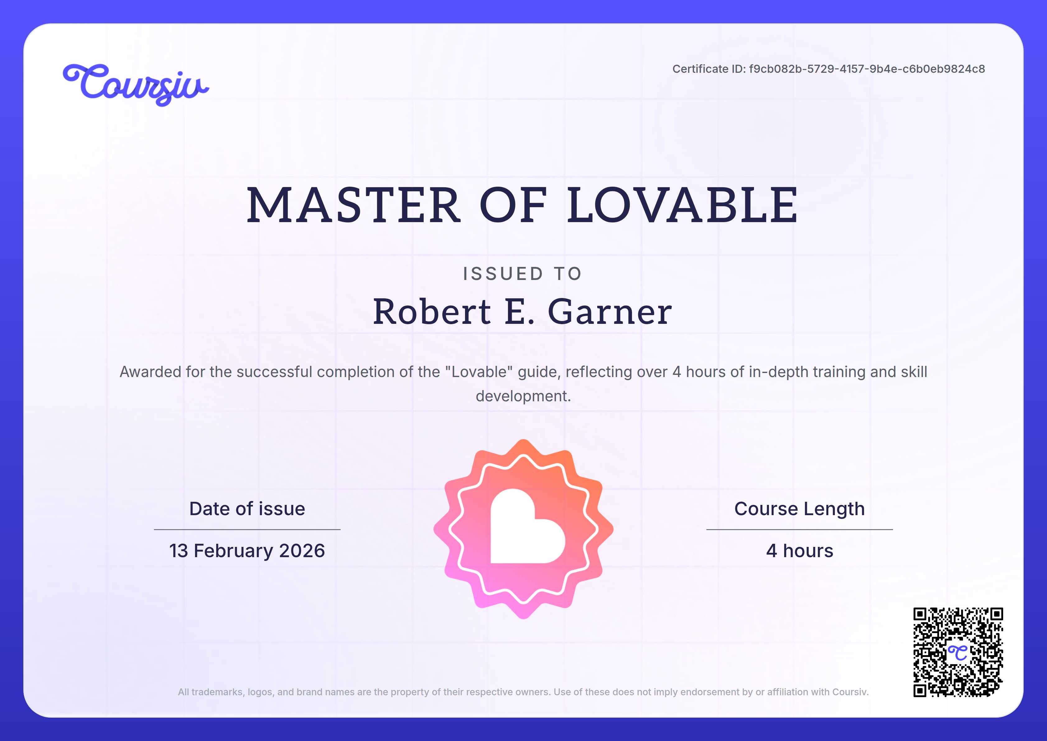 Certificate for Lovable