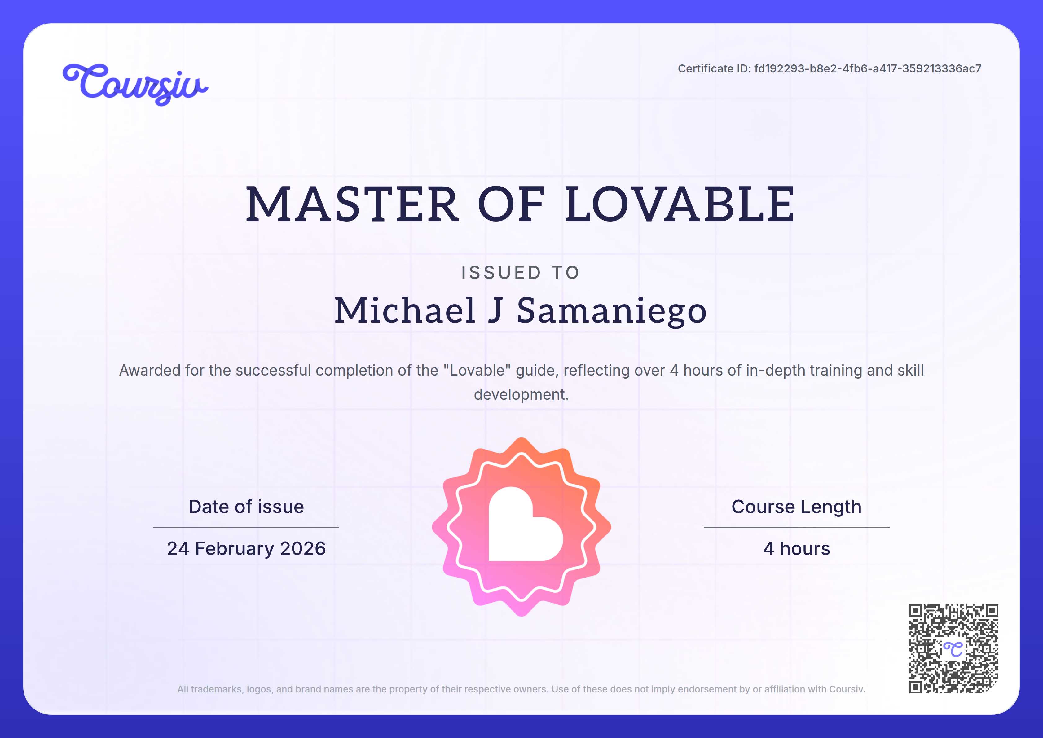 Certificate for Lovable