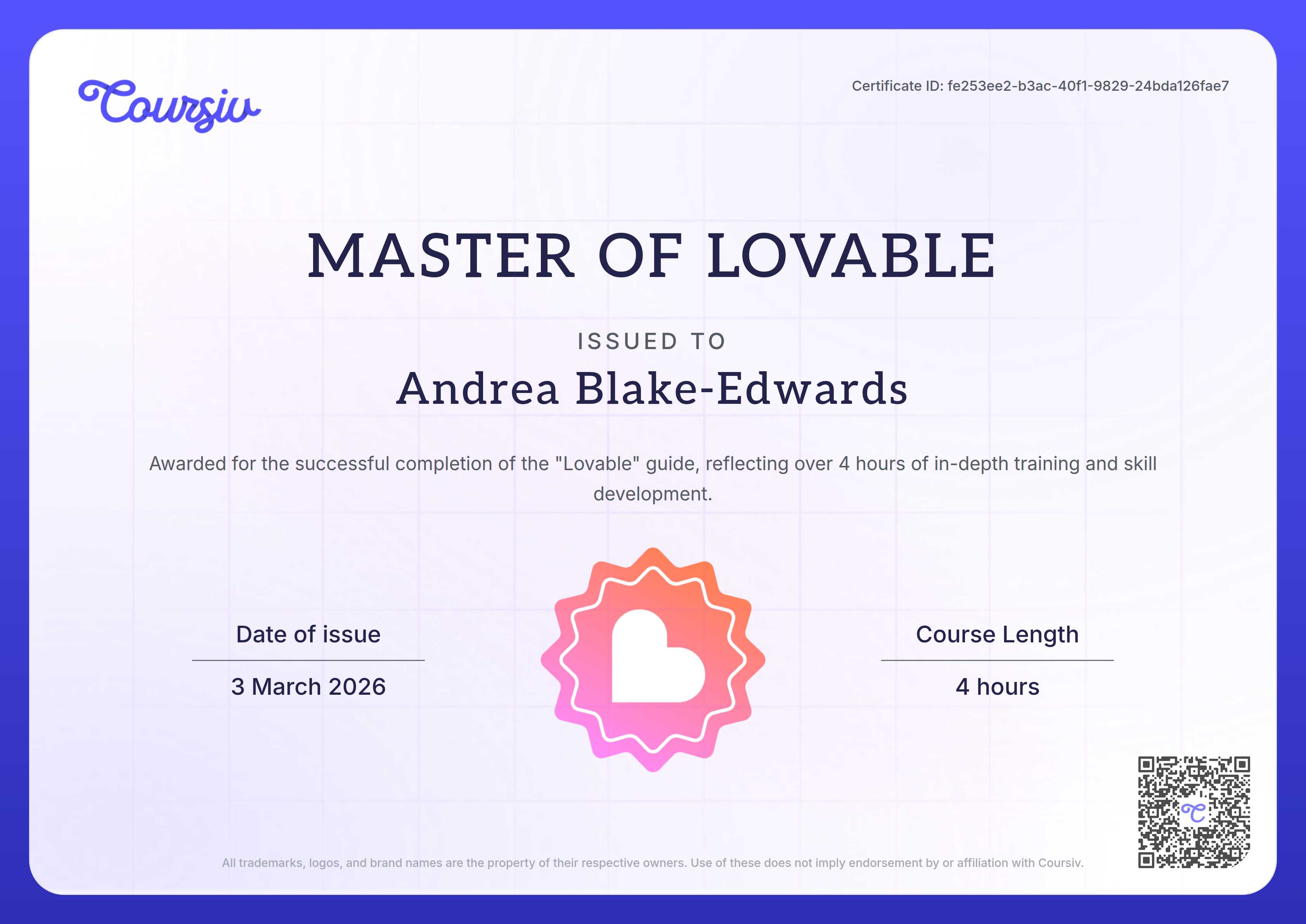 Certificate for Lovable