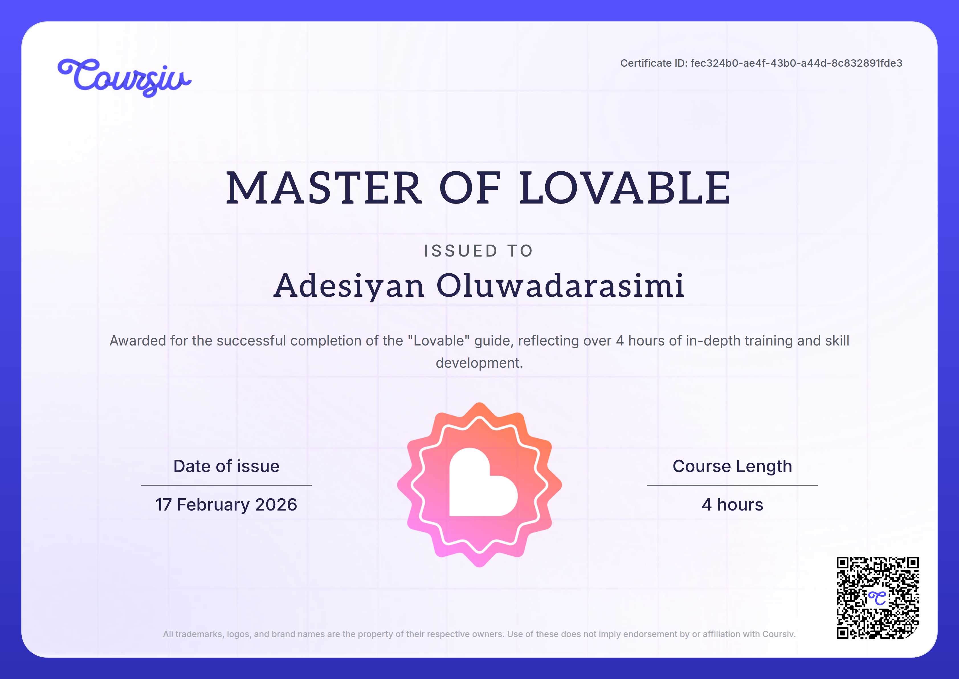 Certificate for Lovable