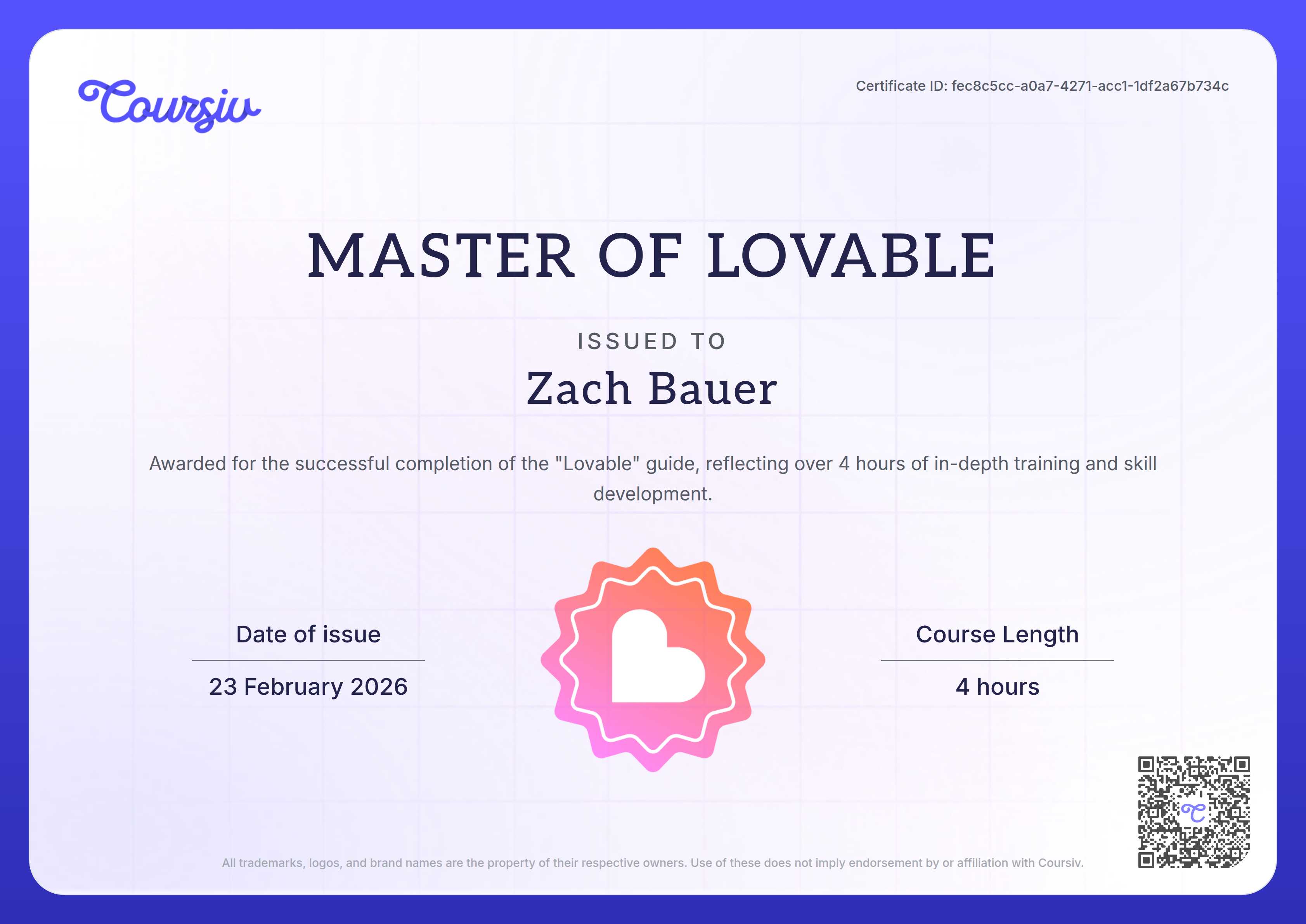 Certificate for Lovable