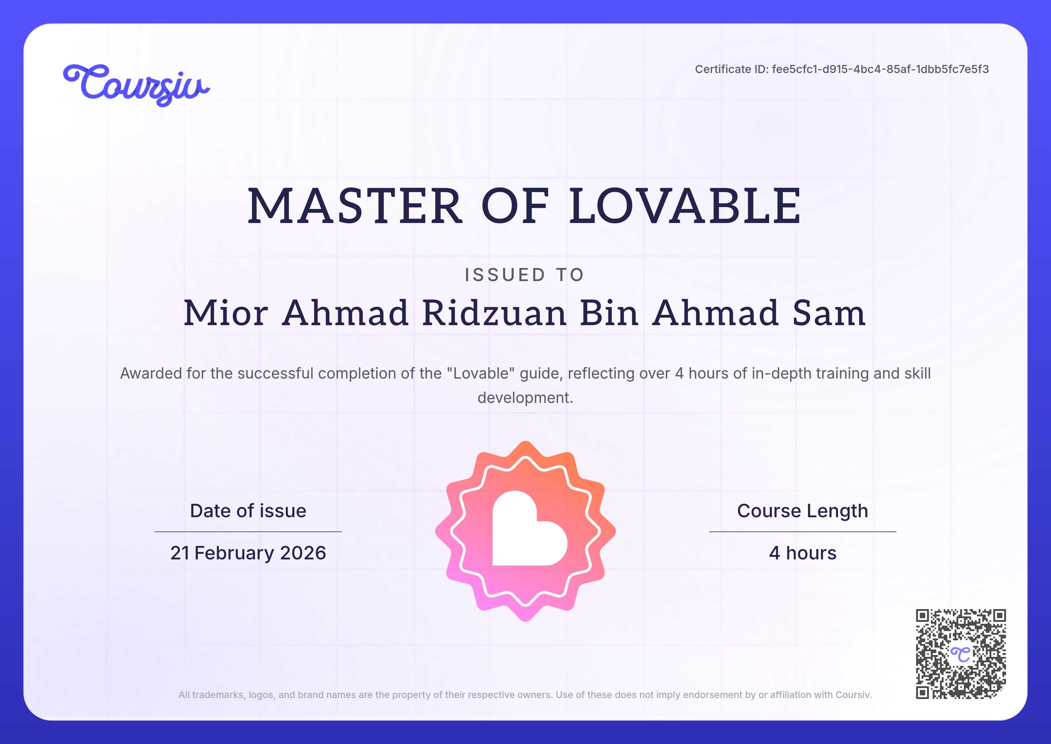 Certificate for Lovable