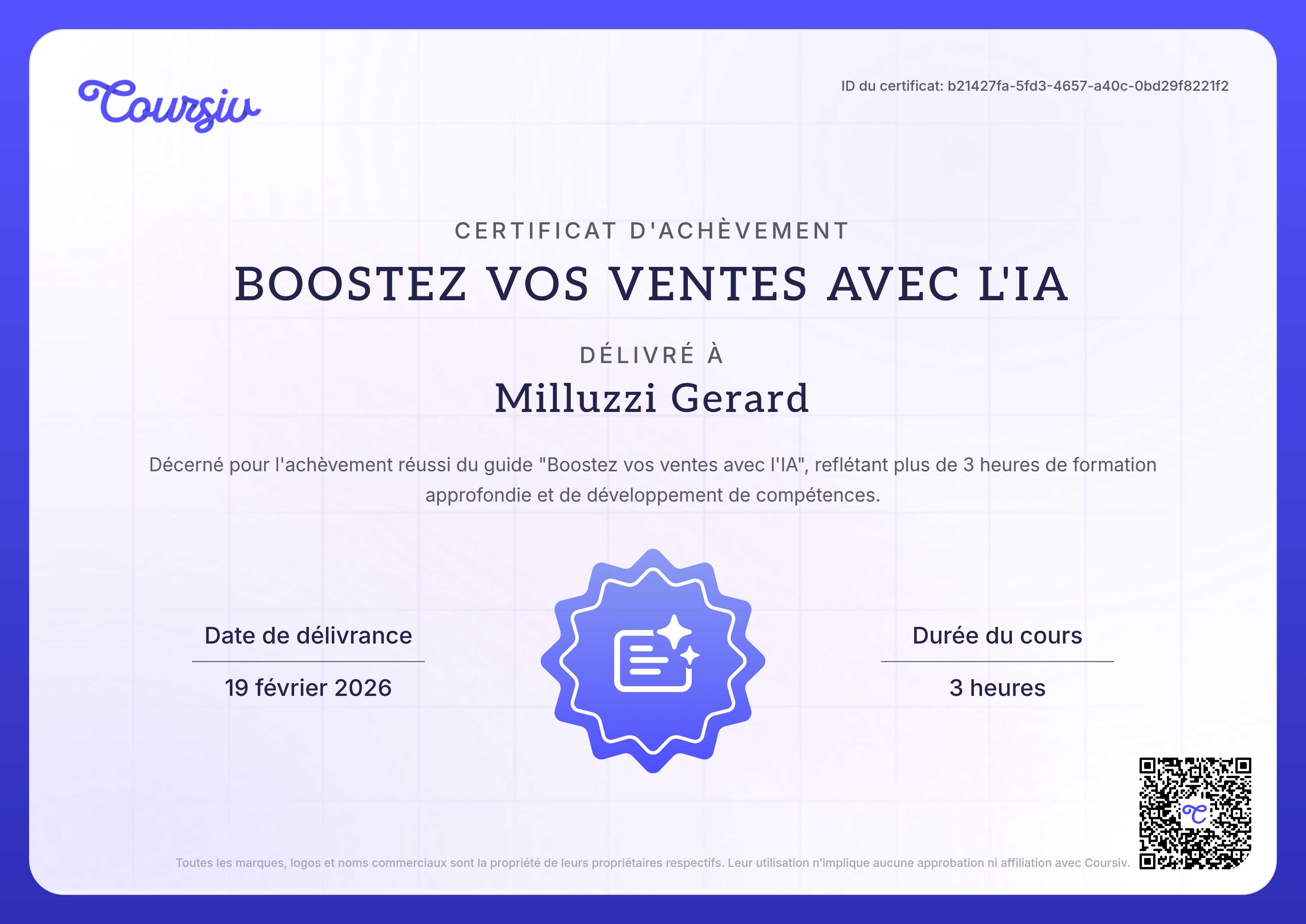 Certificate for Booster vos ventes avec l'IA
