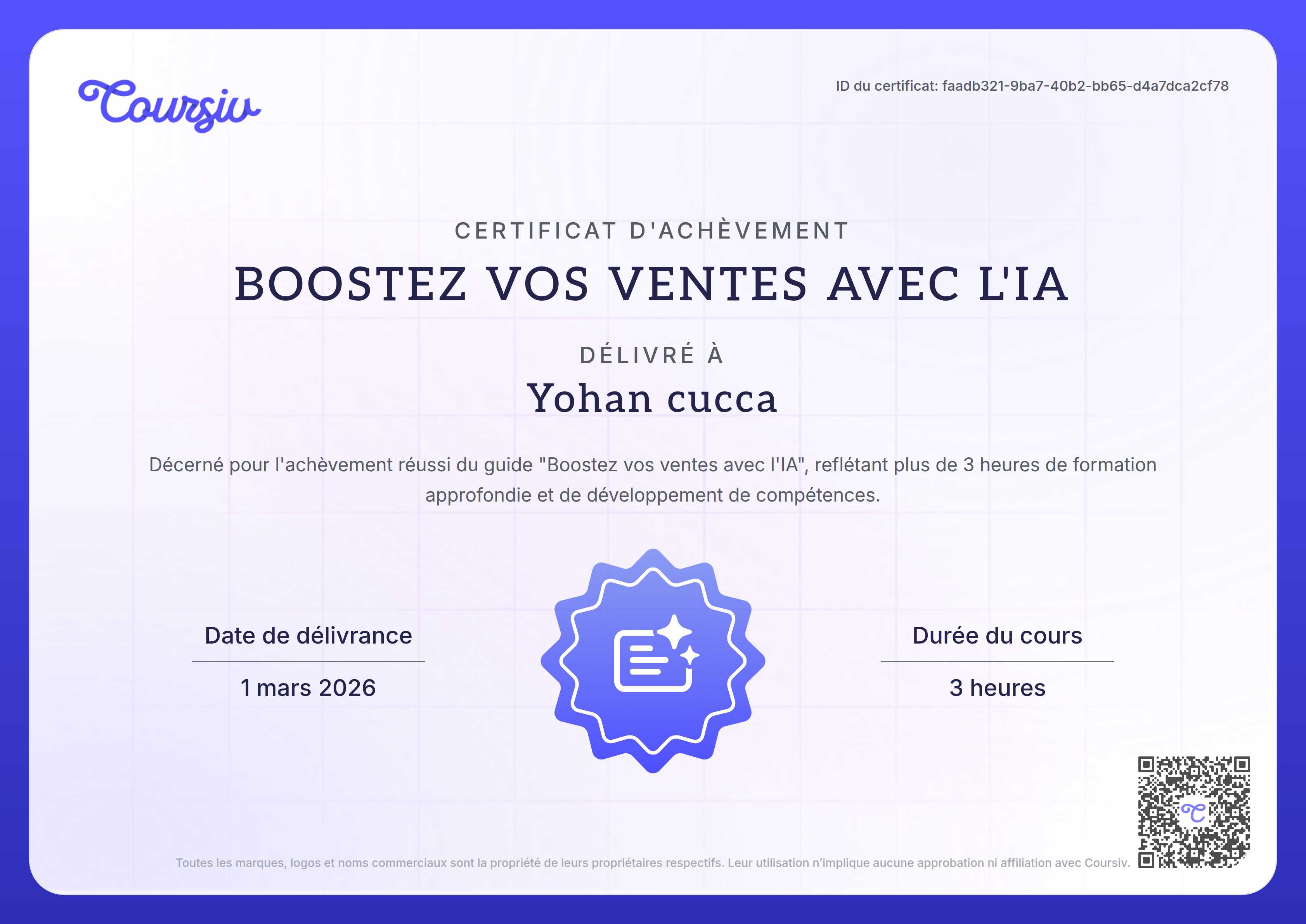 Certificate for Boostez vos ventes avec l'IA