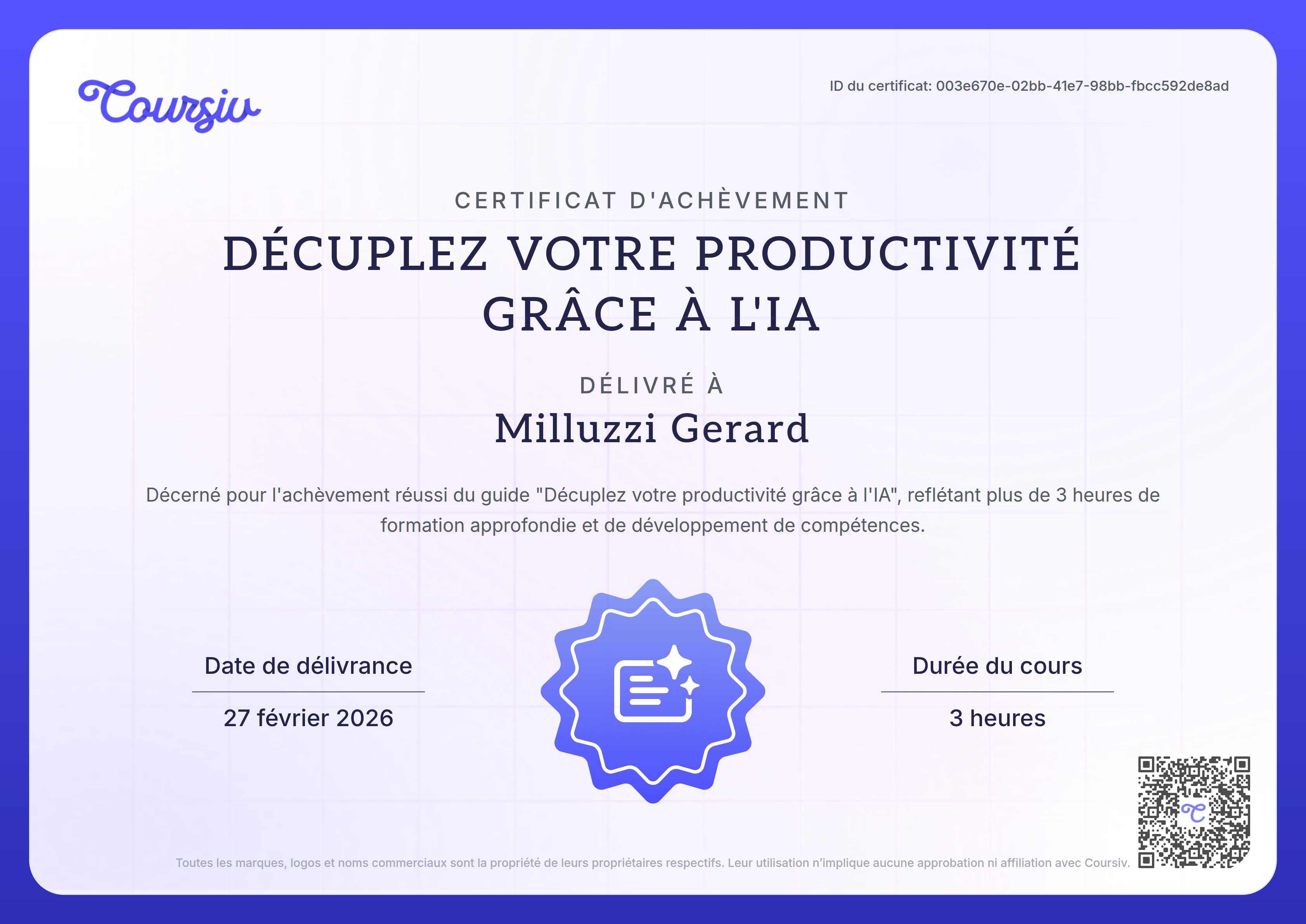 Certificate for Booster votre productivité avec l'IA