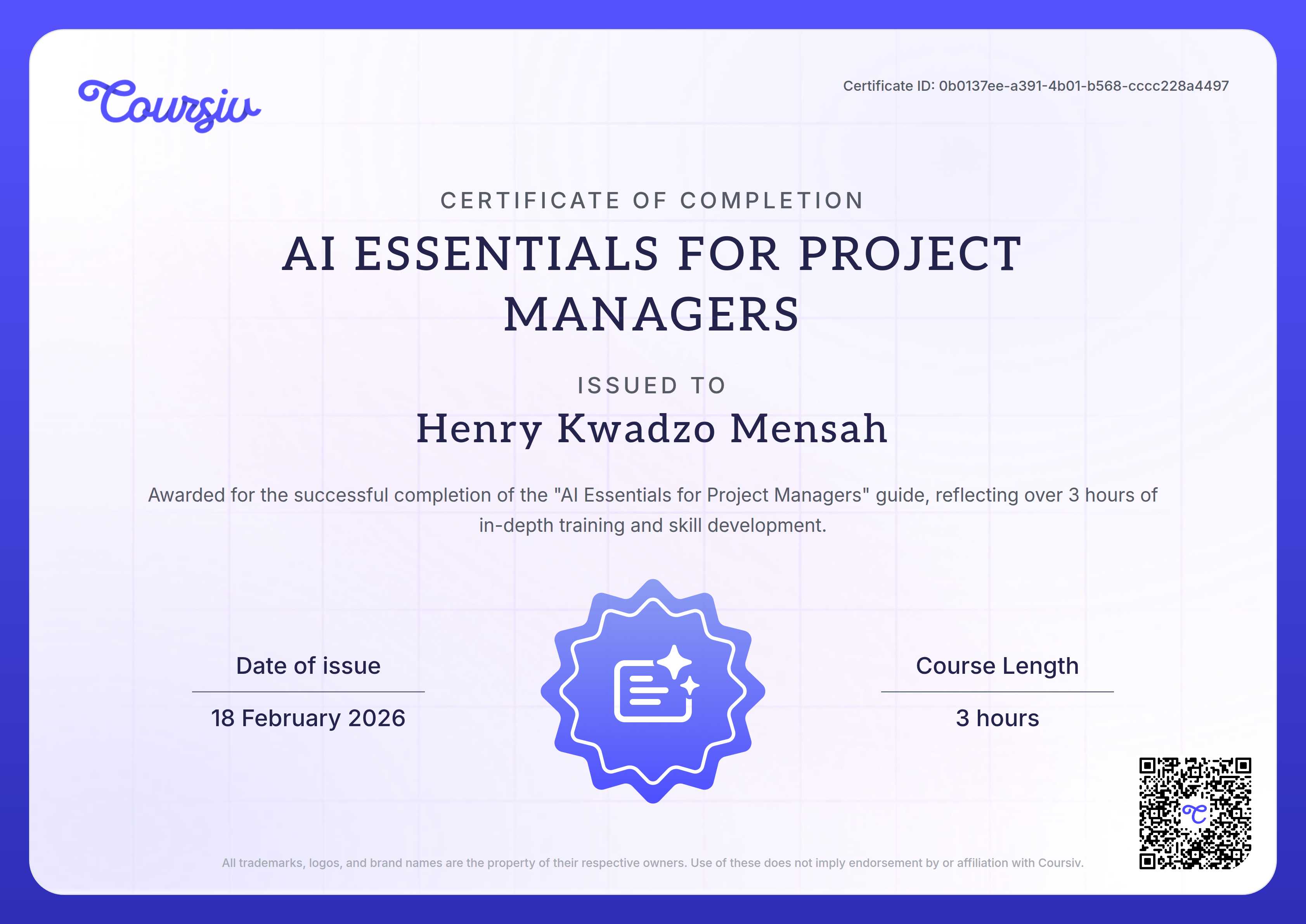 Certificate for AI Essentials for Project Managers