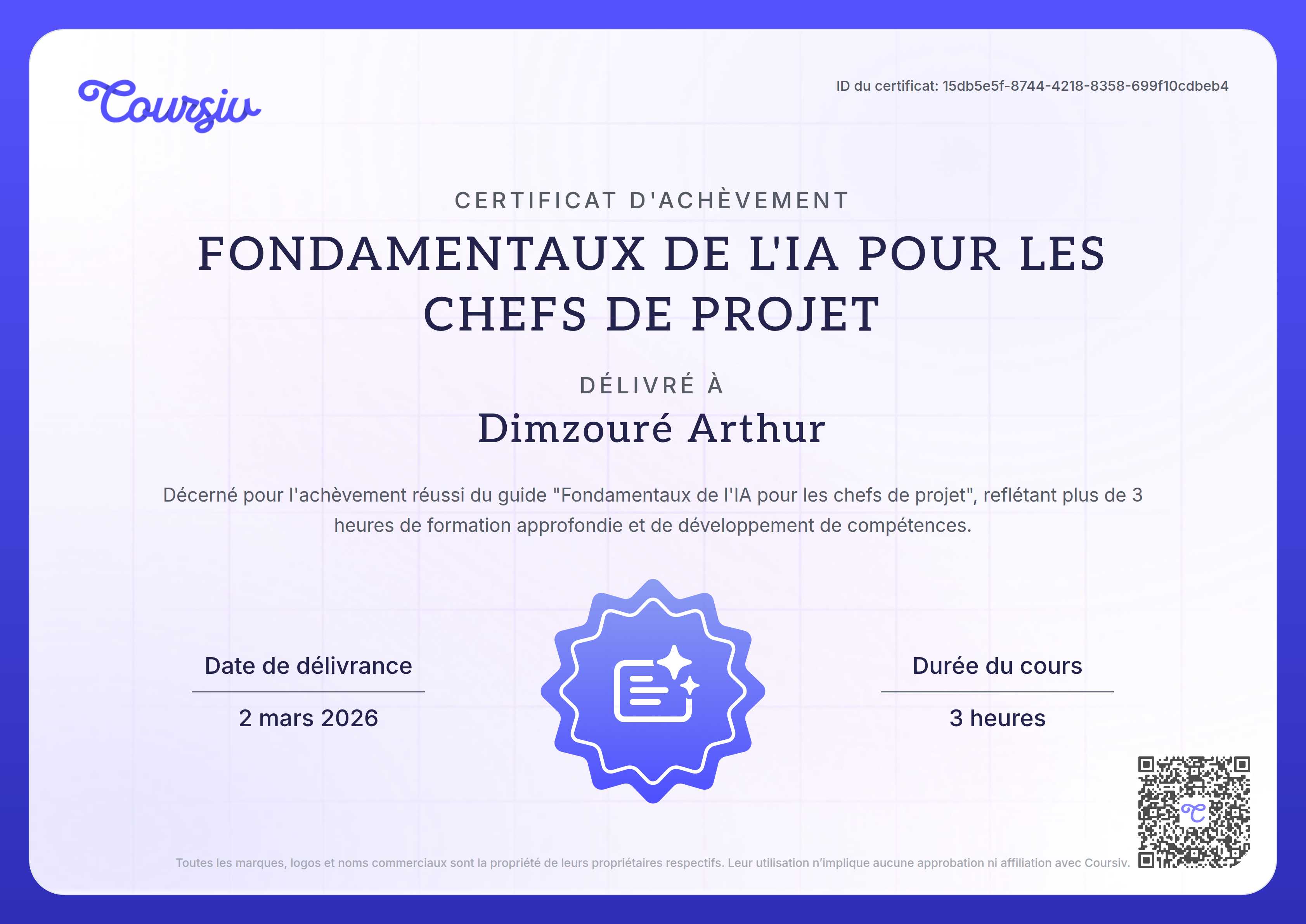 Certificate for L'essentiel de l'IA pour les chefs de projet