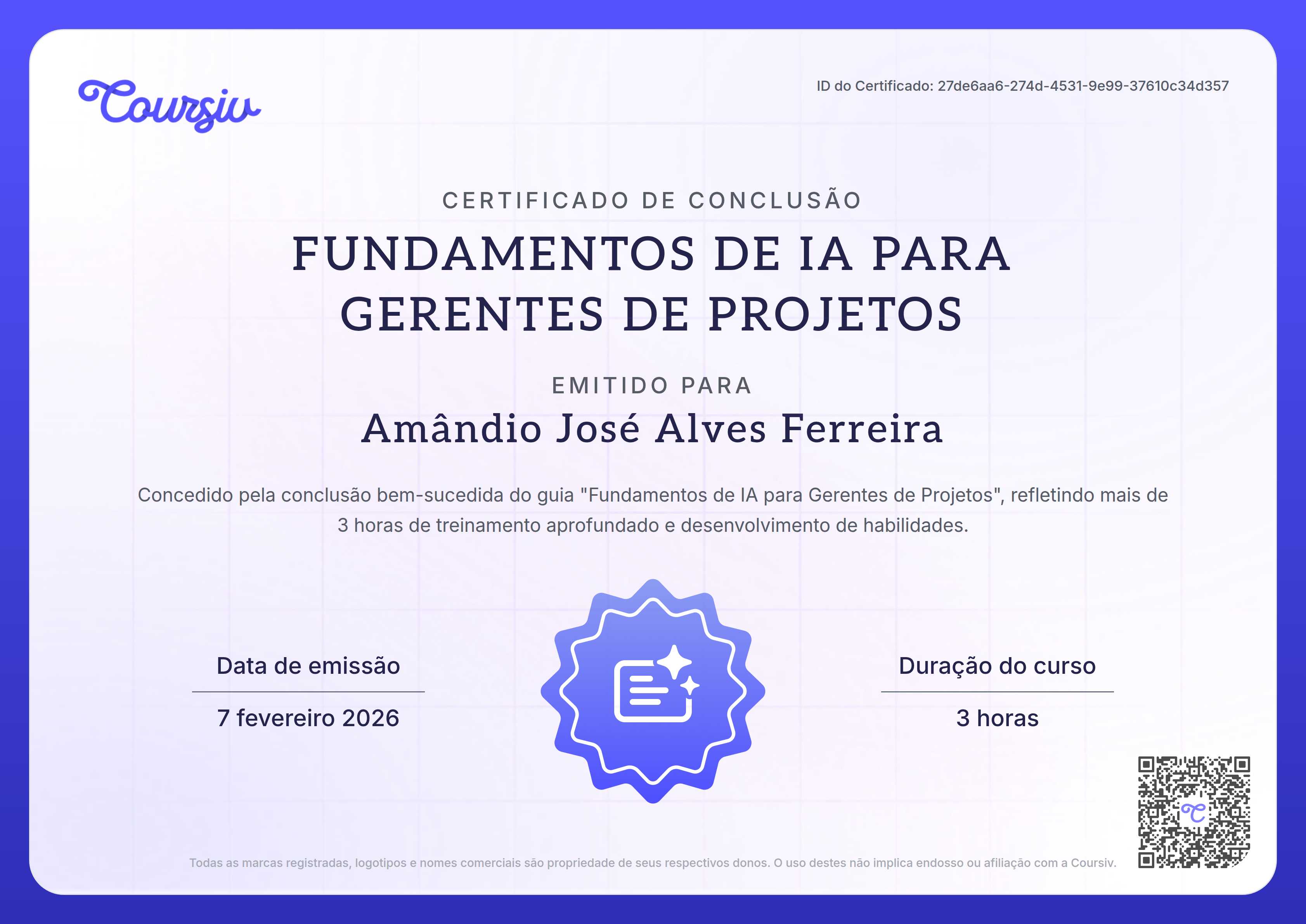 Certificate for Fundamentos de IA para Gerentes de Projetos