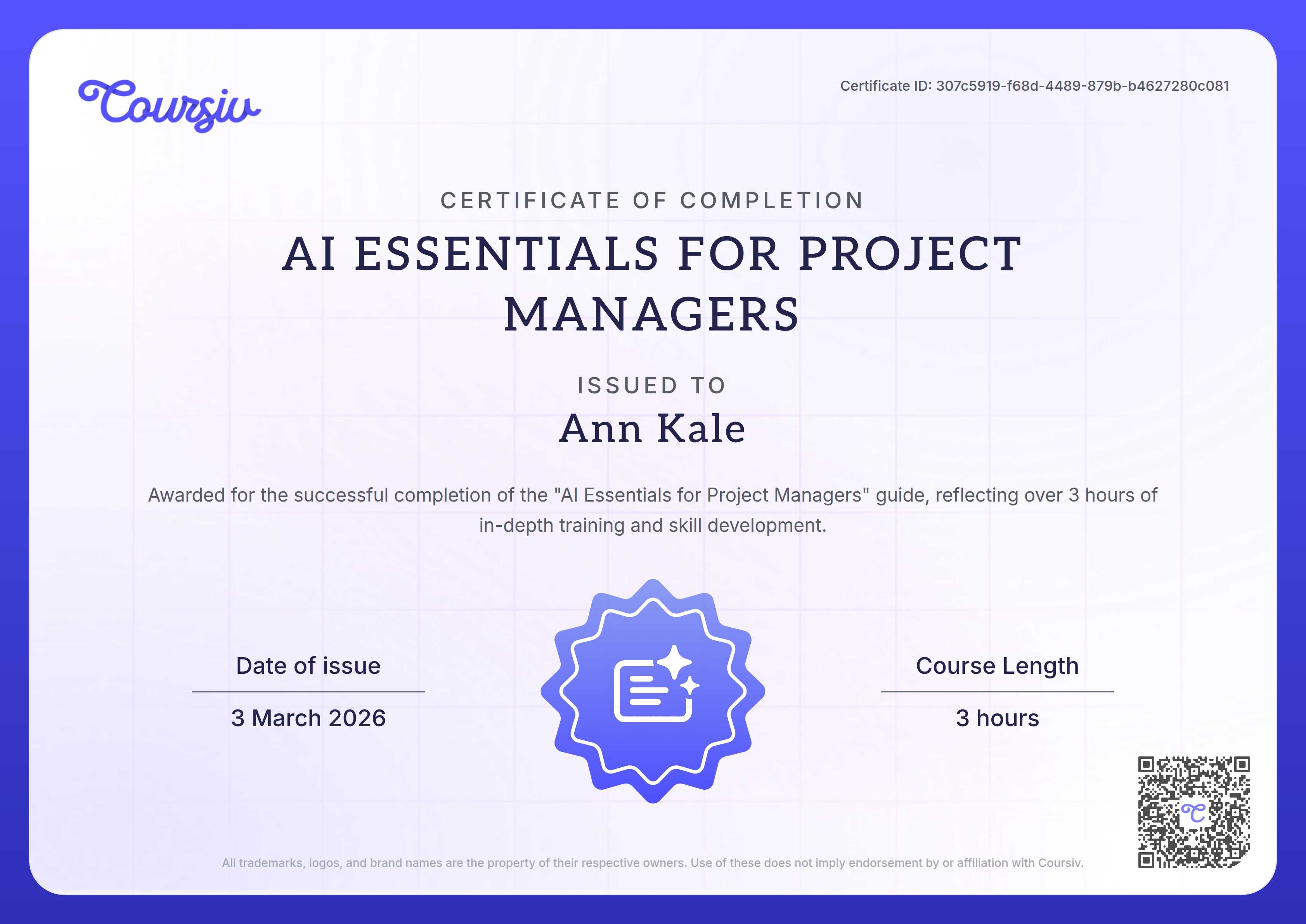 Certificate for AI Essentials for Project Managers