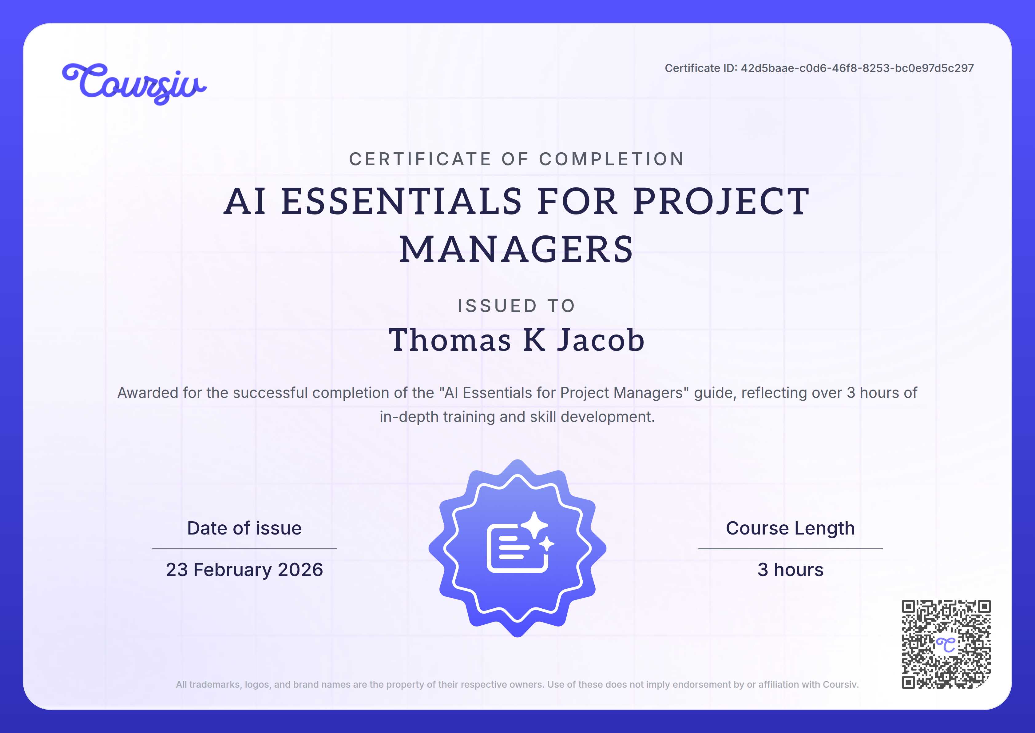 Certificate for AI Essentials for Project Managers