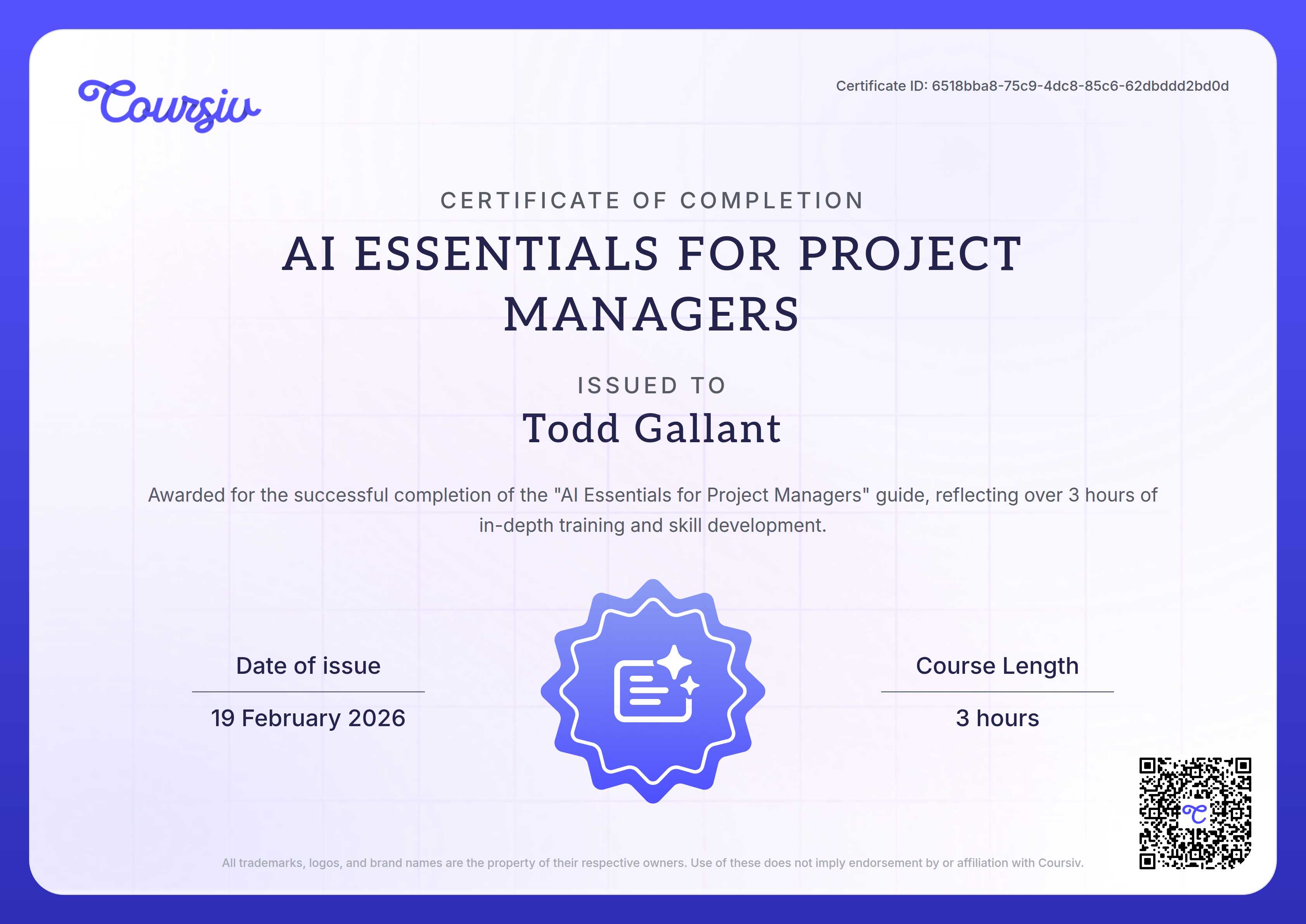 Certificate for AI Essentials for Project Managers