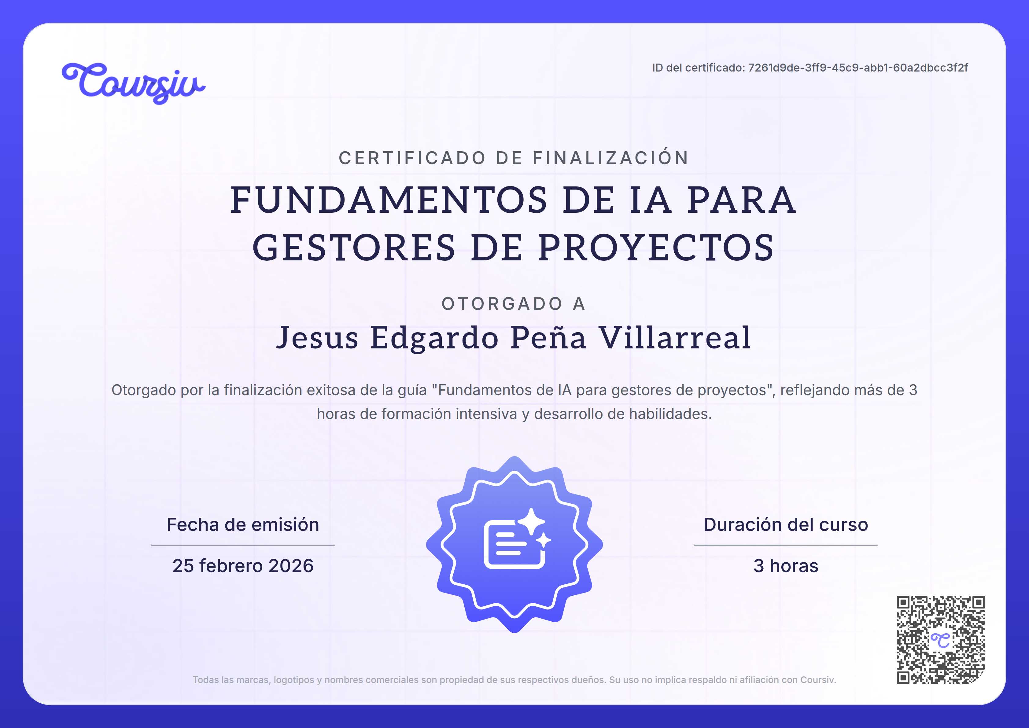 Certificate for Fundamentos de IA para gestores de proyectos