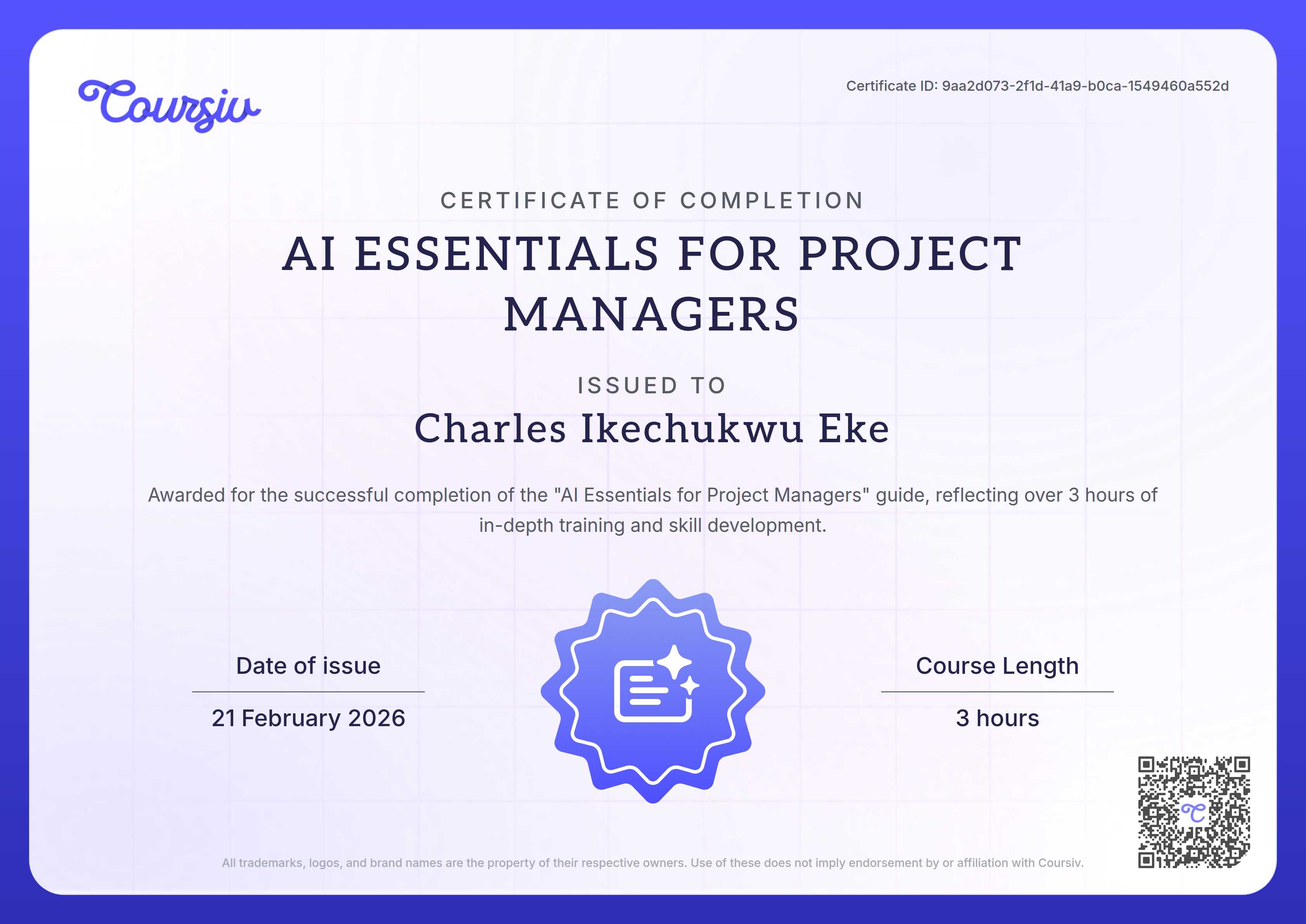 Certificate for AI Essentials for Project Managers