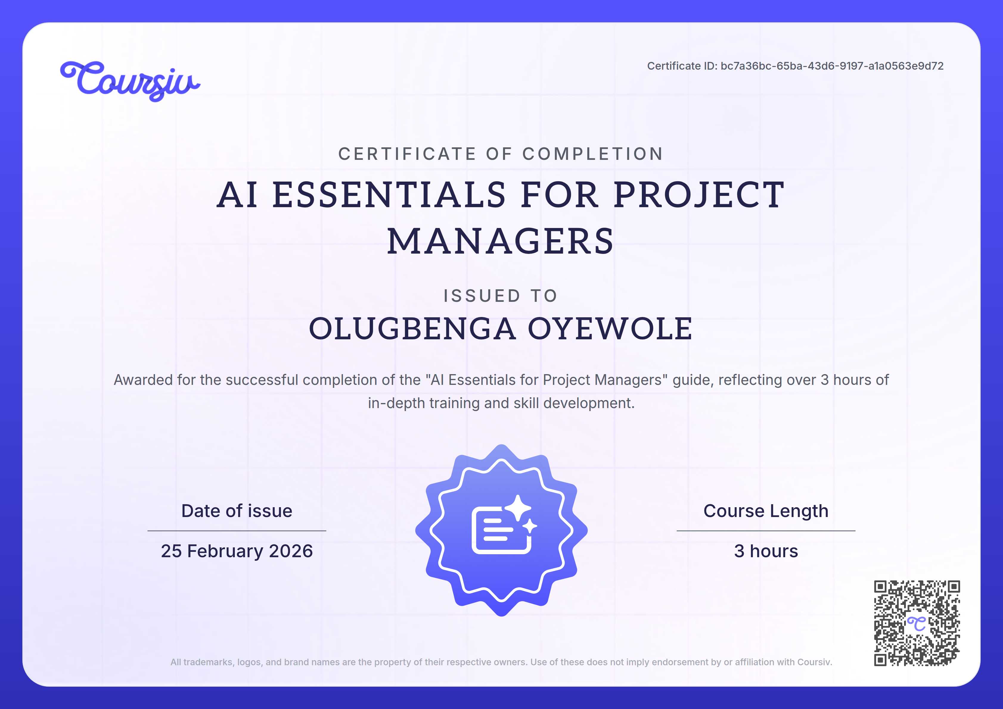 Certificate for AI Essentials for Project Managers