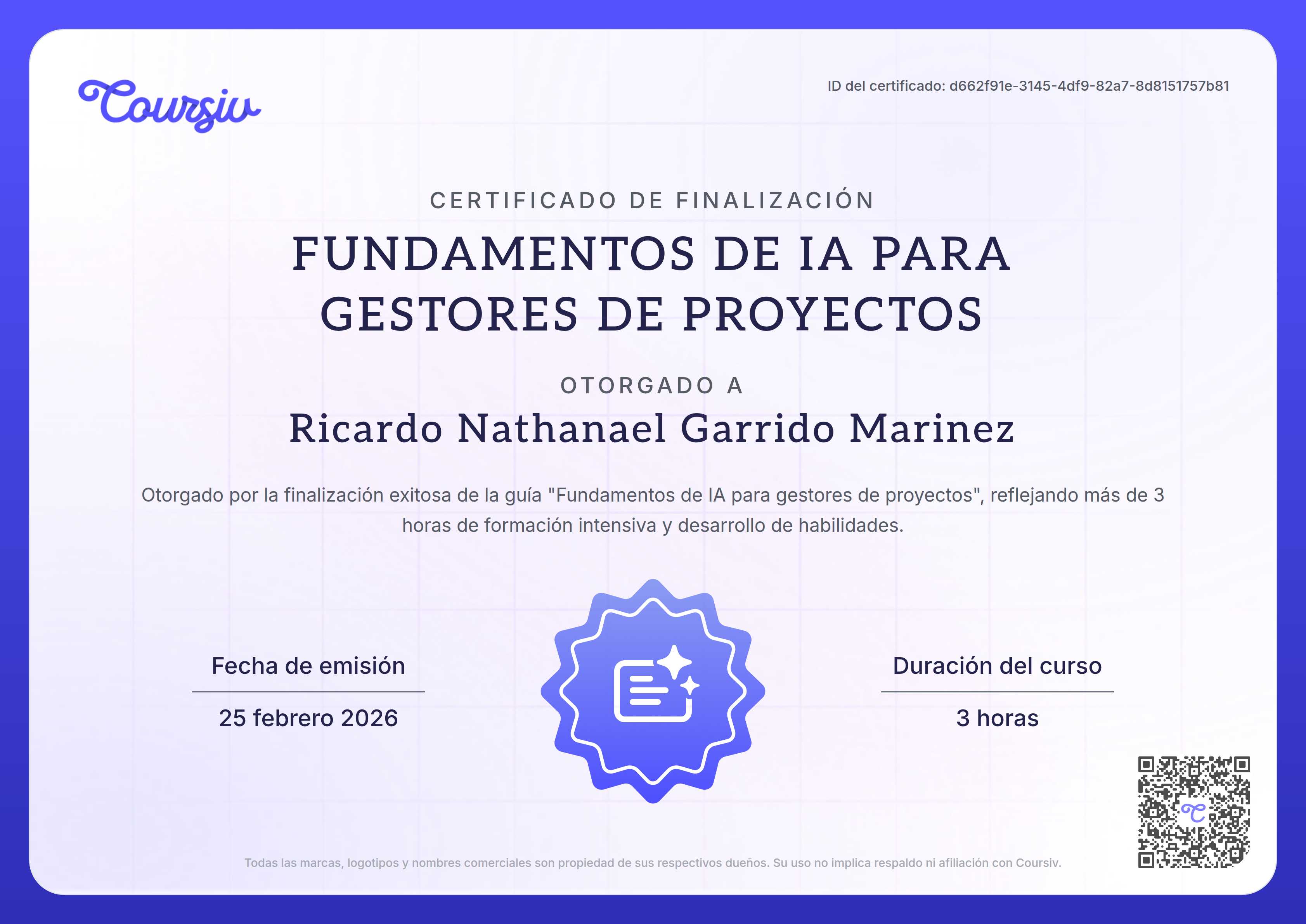 Certificate for Fundamentos de IA para gestores de proyectos