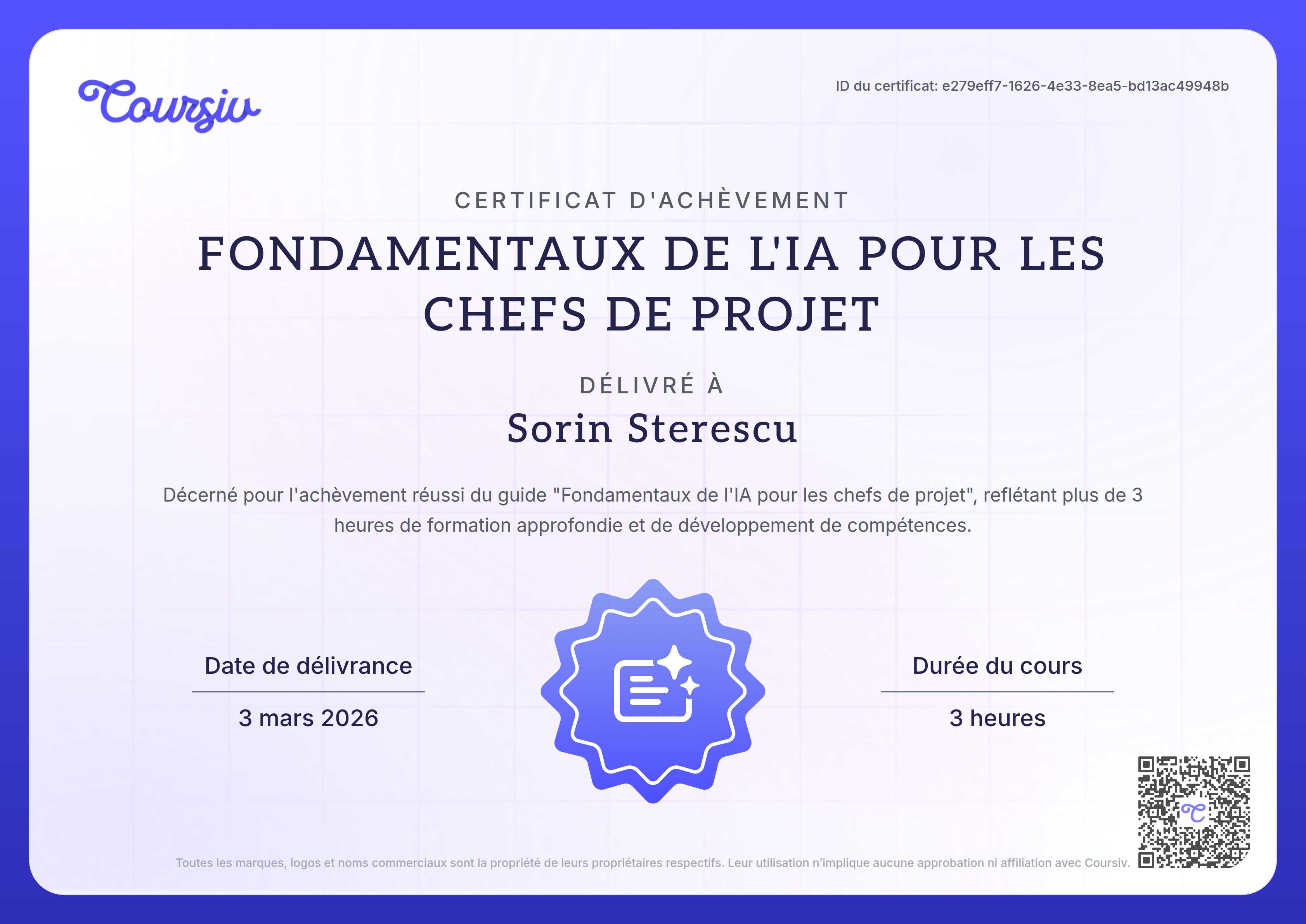 Certificate for Fondamentaux de l'IA pour les chefs de projet