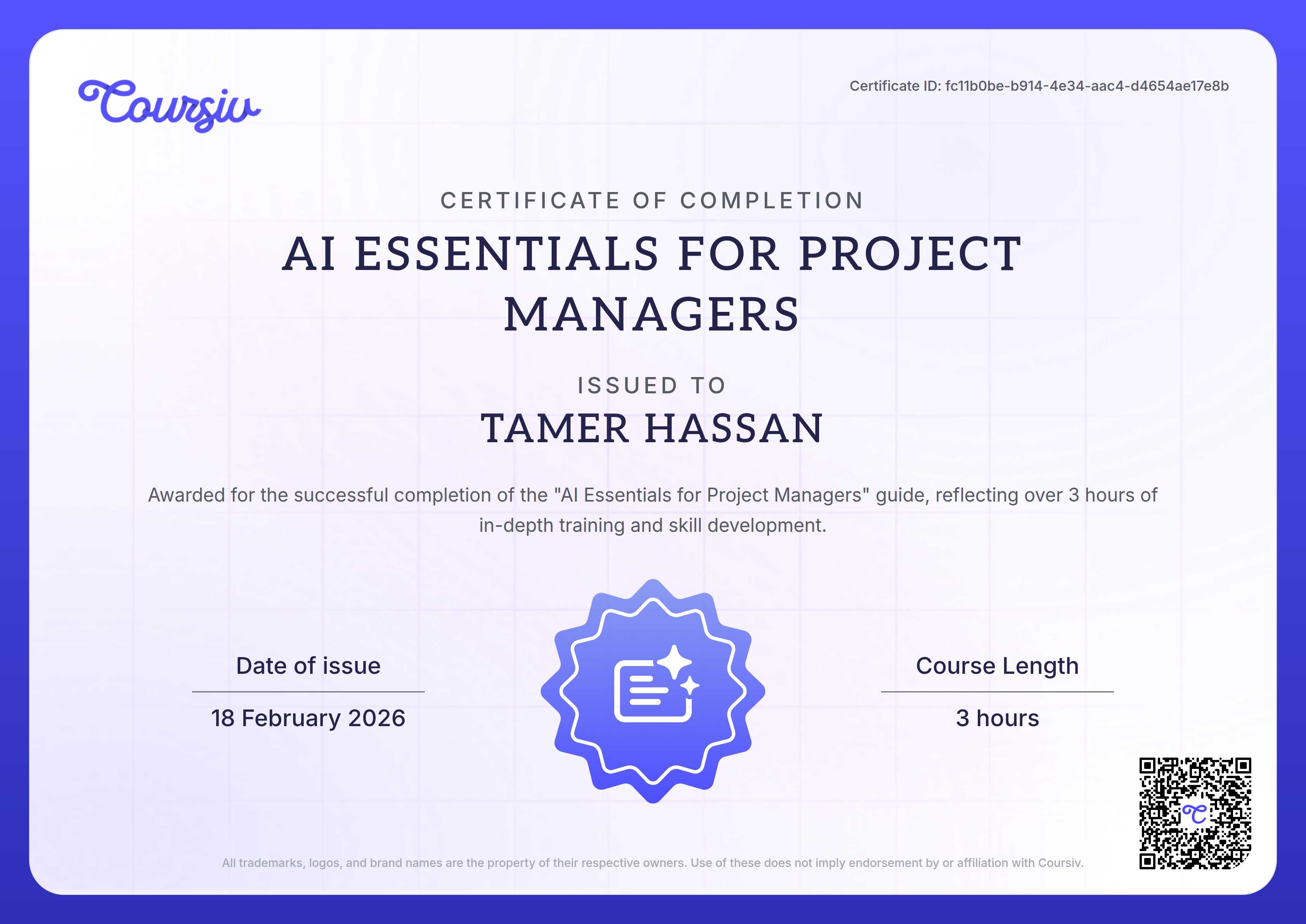 Certificate for AI Essentials for Project Managers