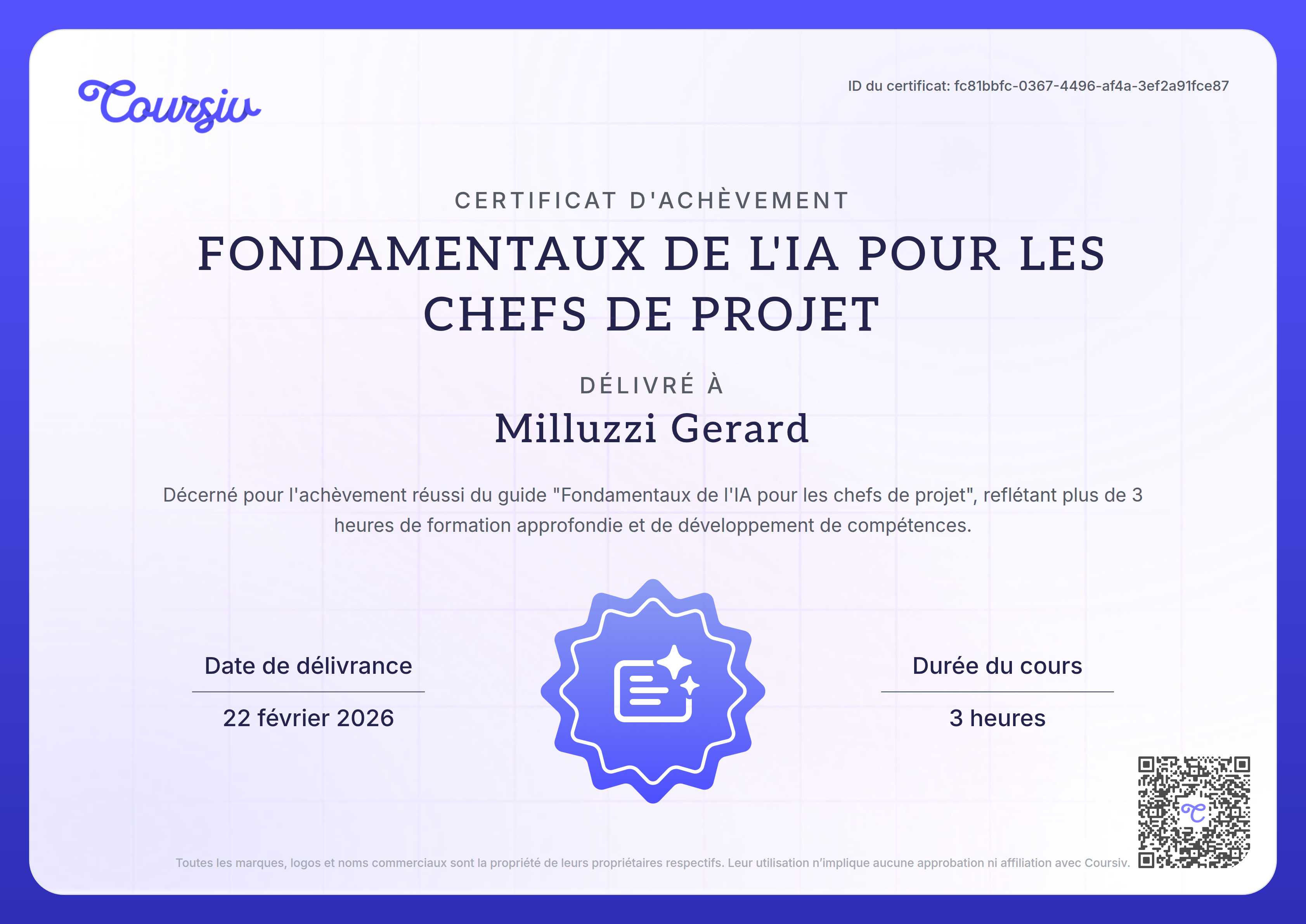 Certificate for L'essentiel de l'IA pour les chefs de projet