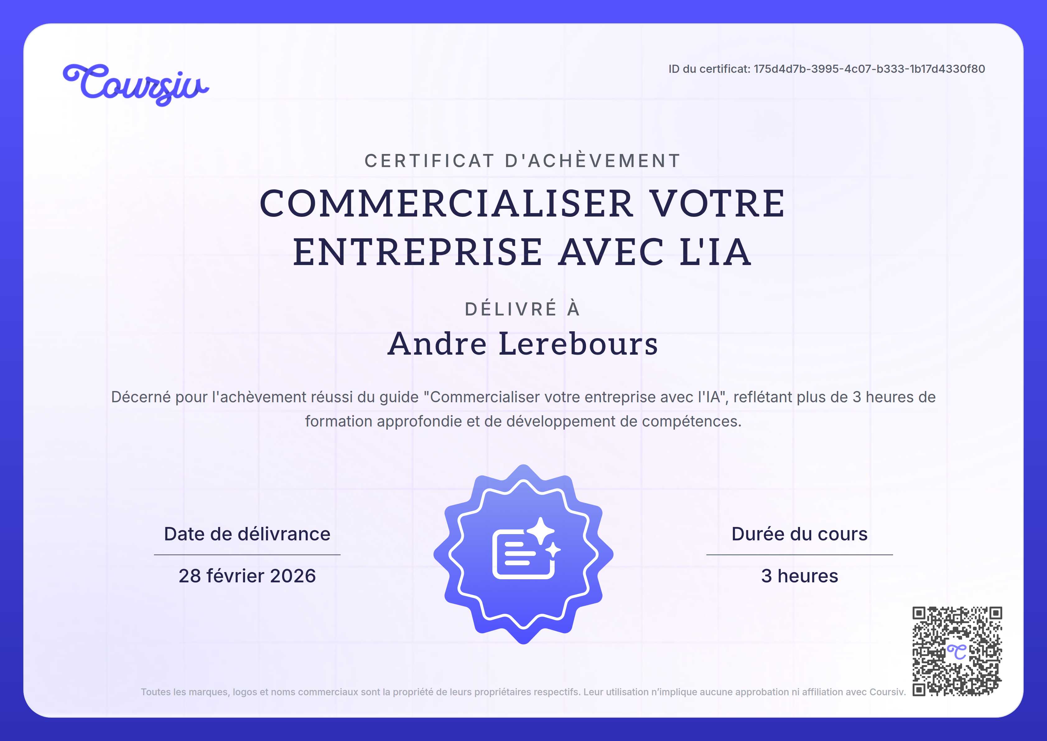 Certificate for Commercialiser votre entreprise avec l'IA