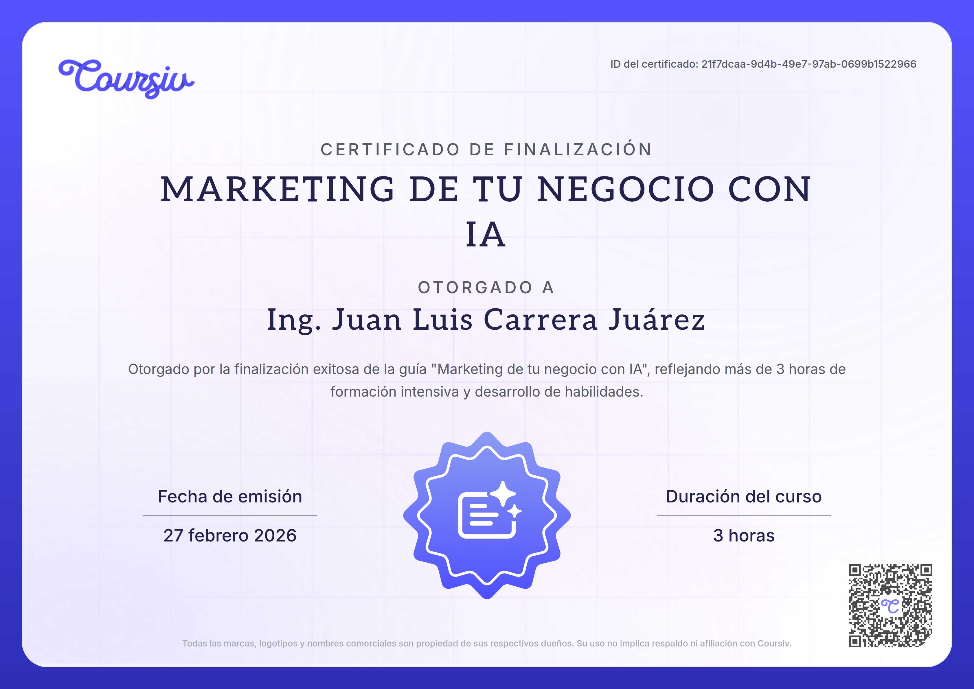 Certificate for Marketing de tu negocio con IA