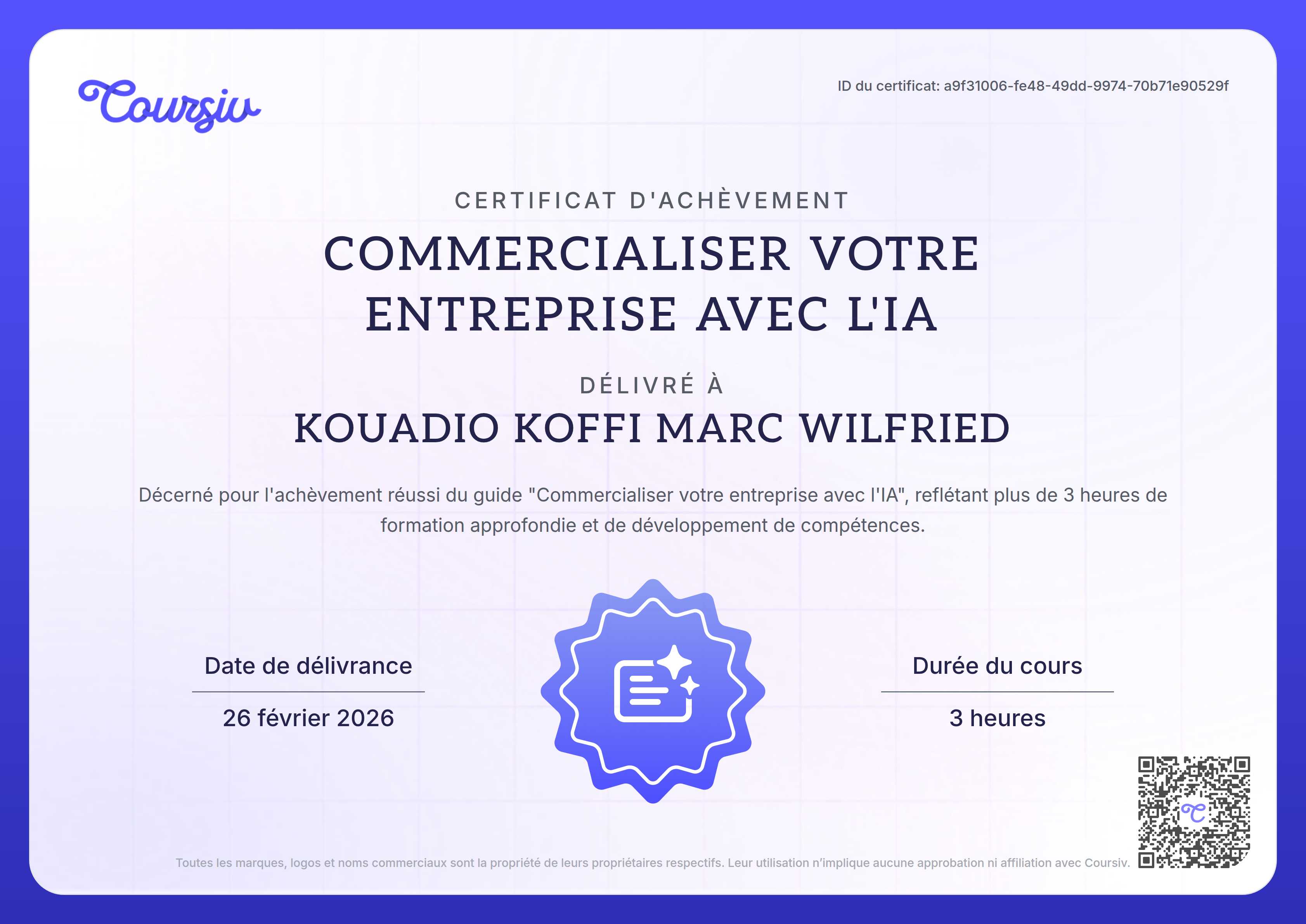 Certificate for Commercialiser votre entreprise avec l'IA