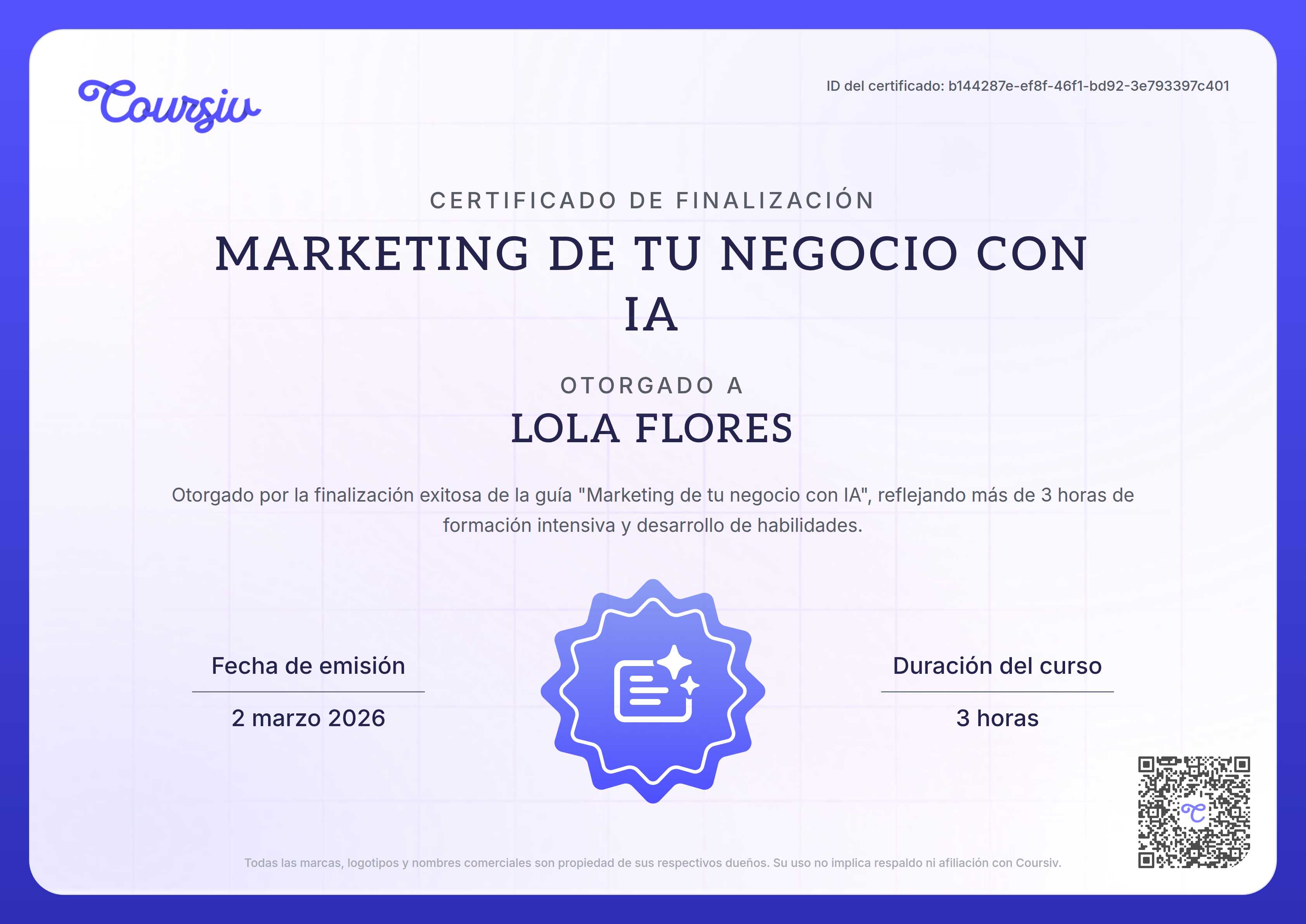 Certificate for Marketing de tu negocio con IA