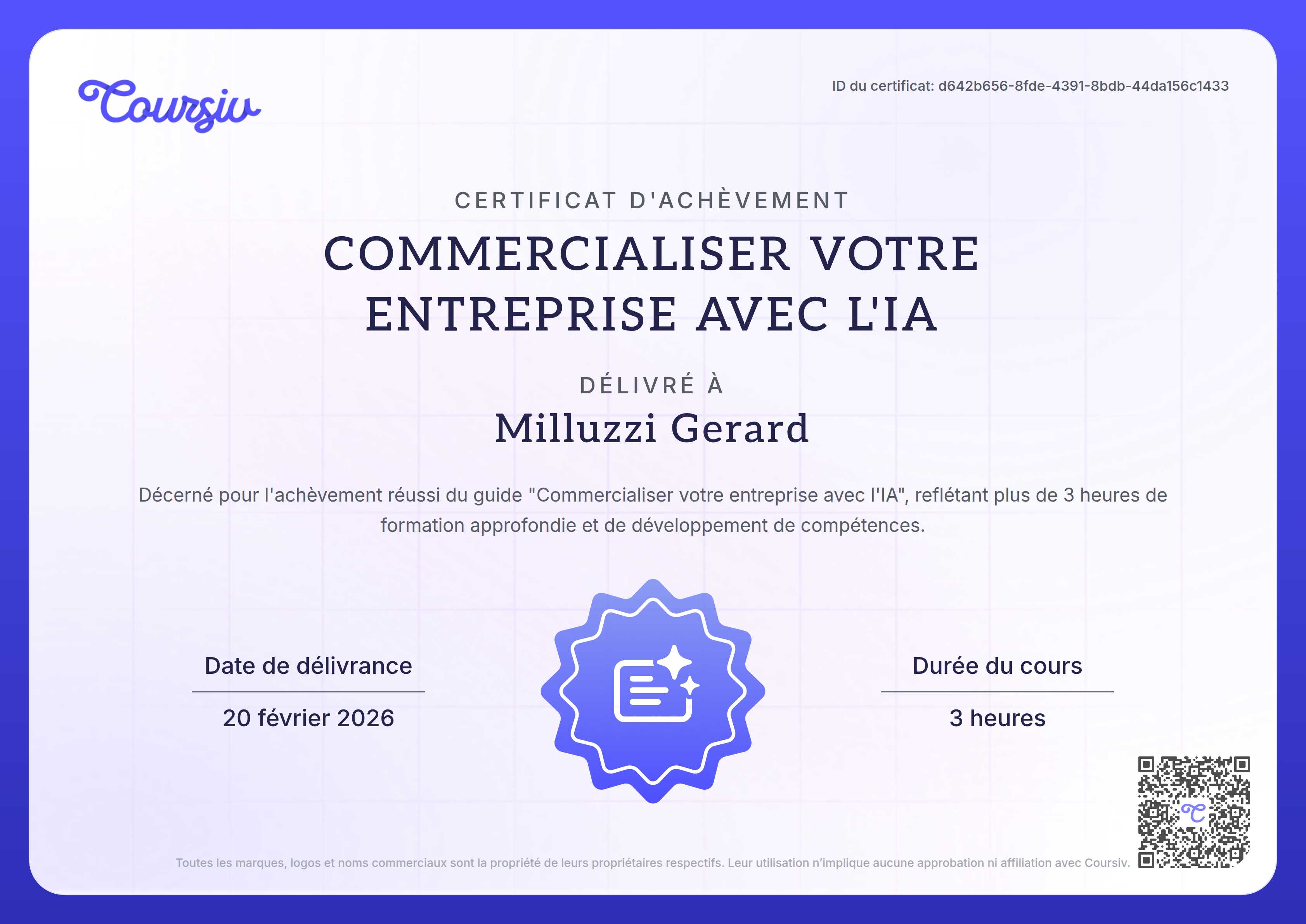 Certificate for Promouvoir votre entreprise avec l'IA