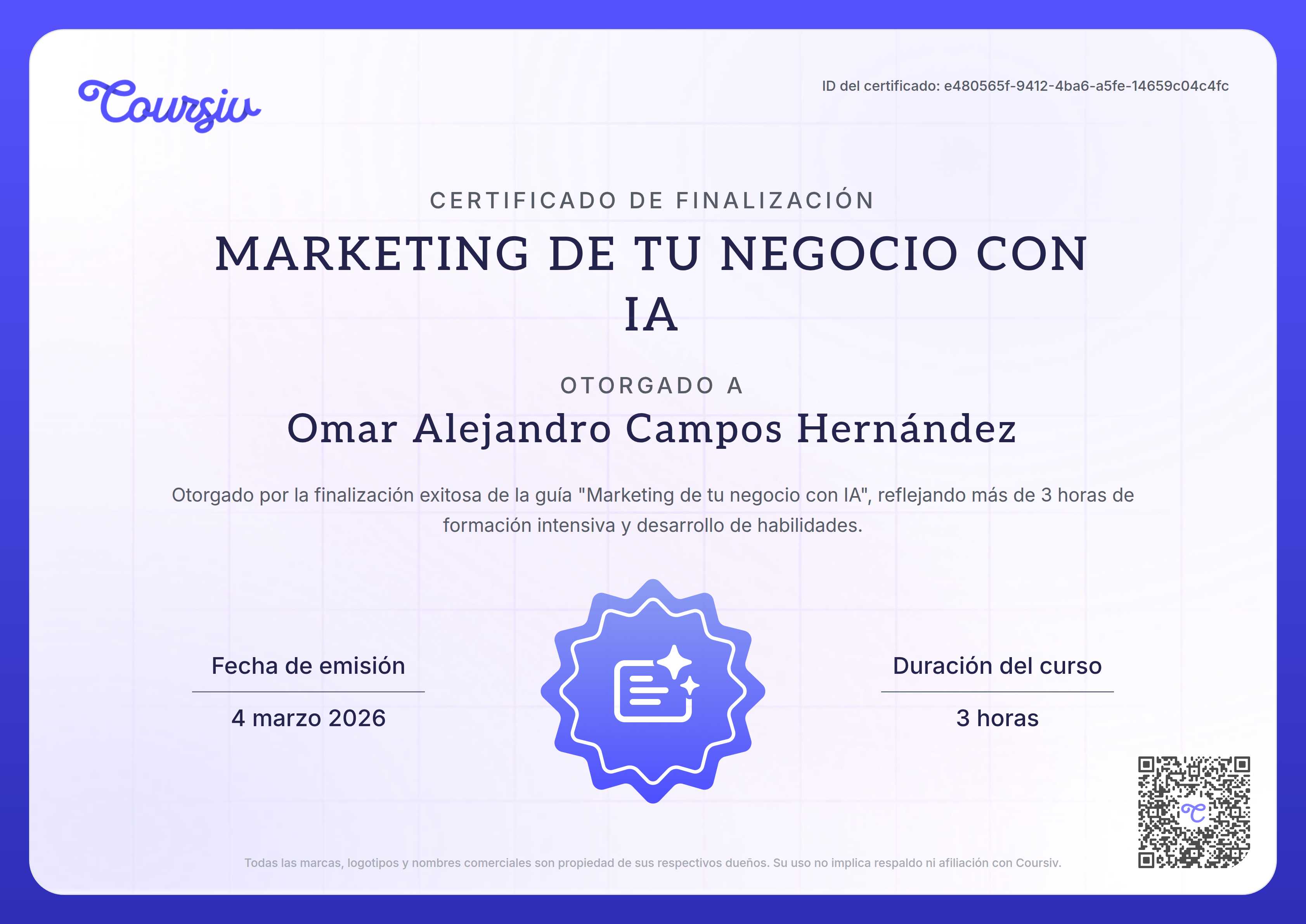 Certificate for Marketing de tu negocio con IA