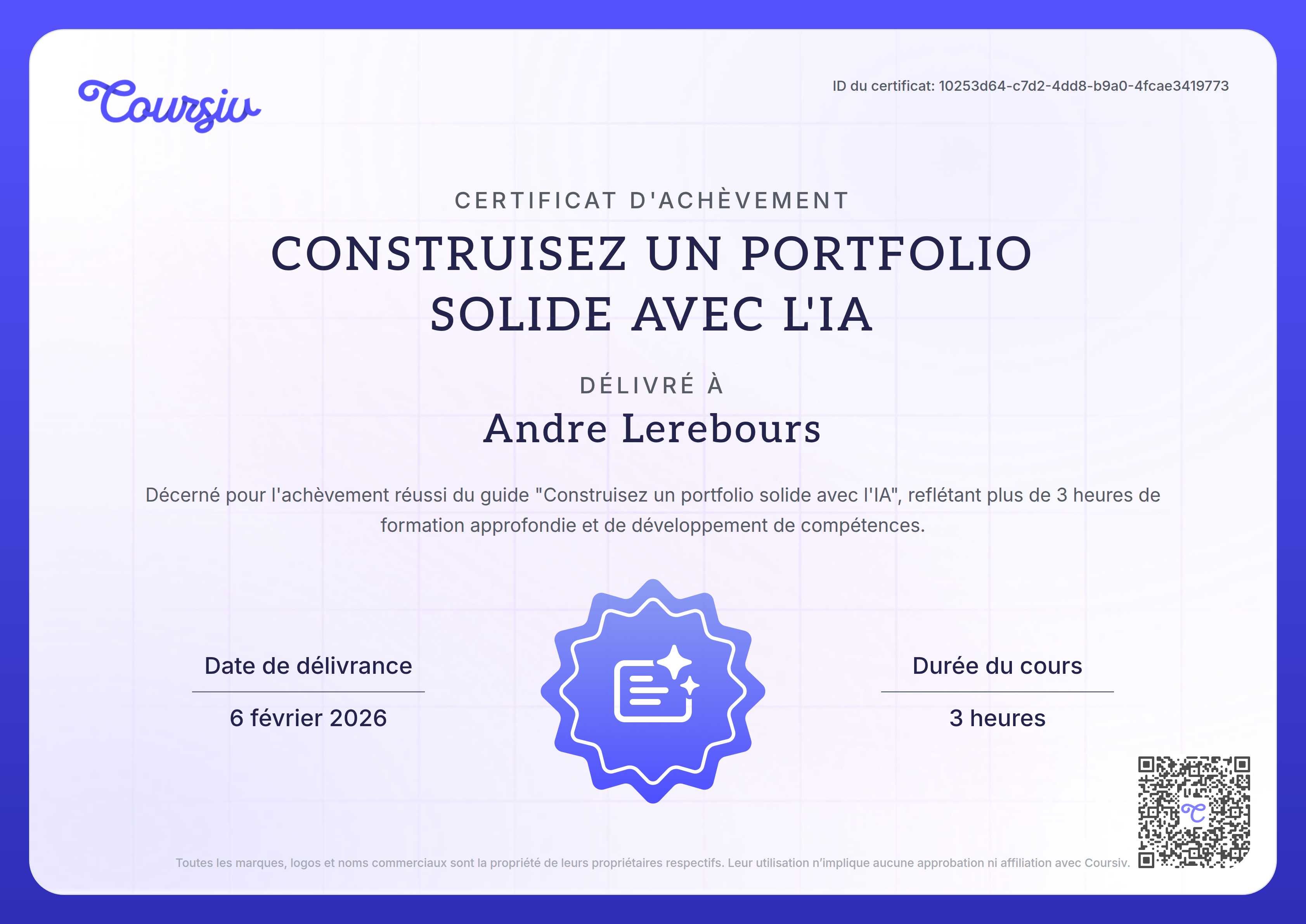 Certificate for Construisez un portfolio solide avec l'IA