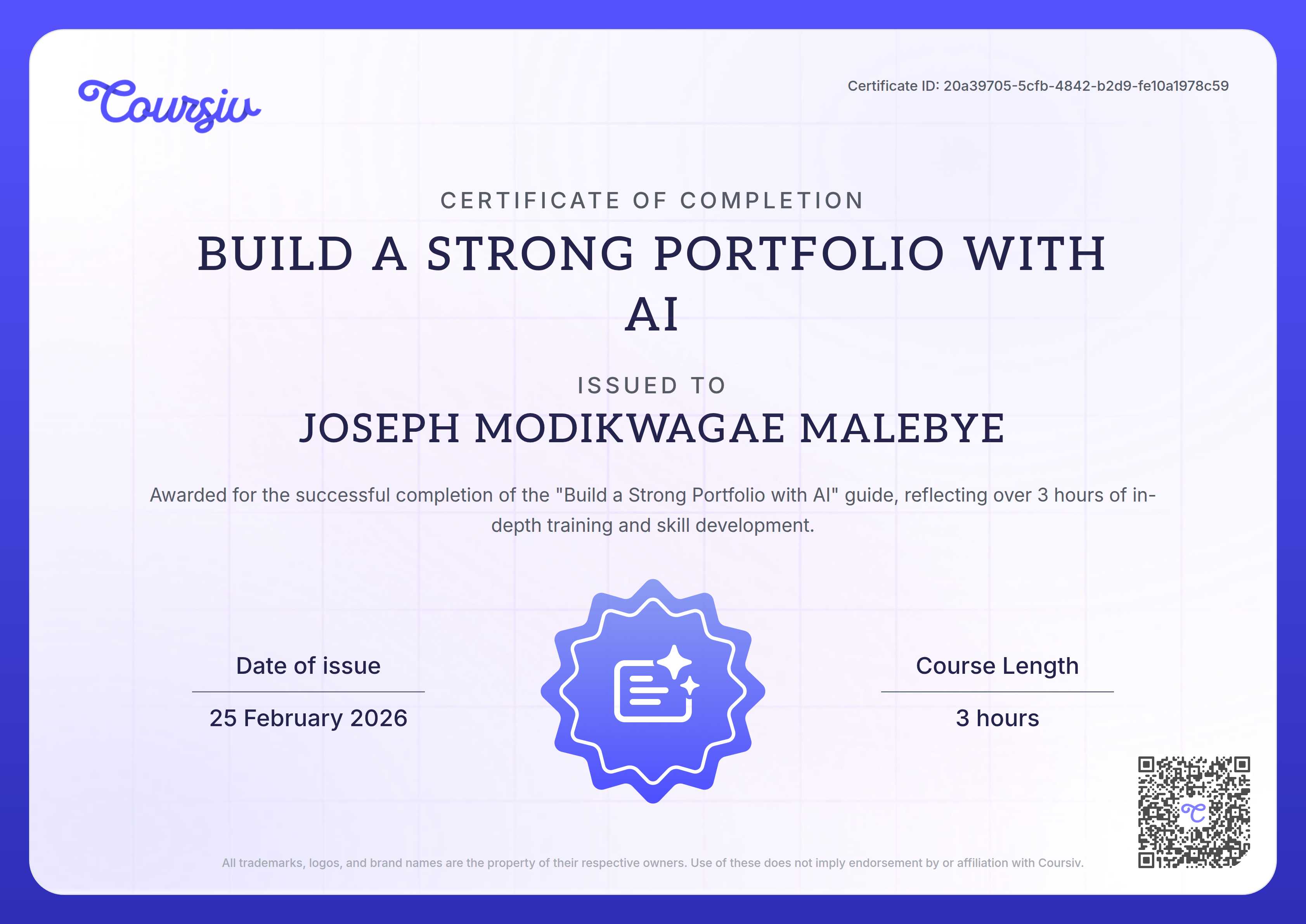 Certificate for Build a Strong Portfolio with AI
