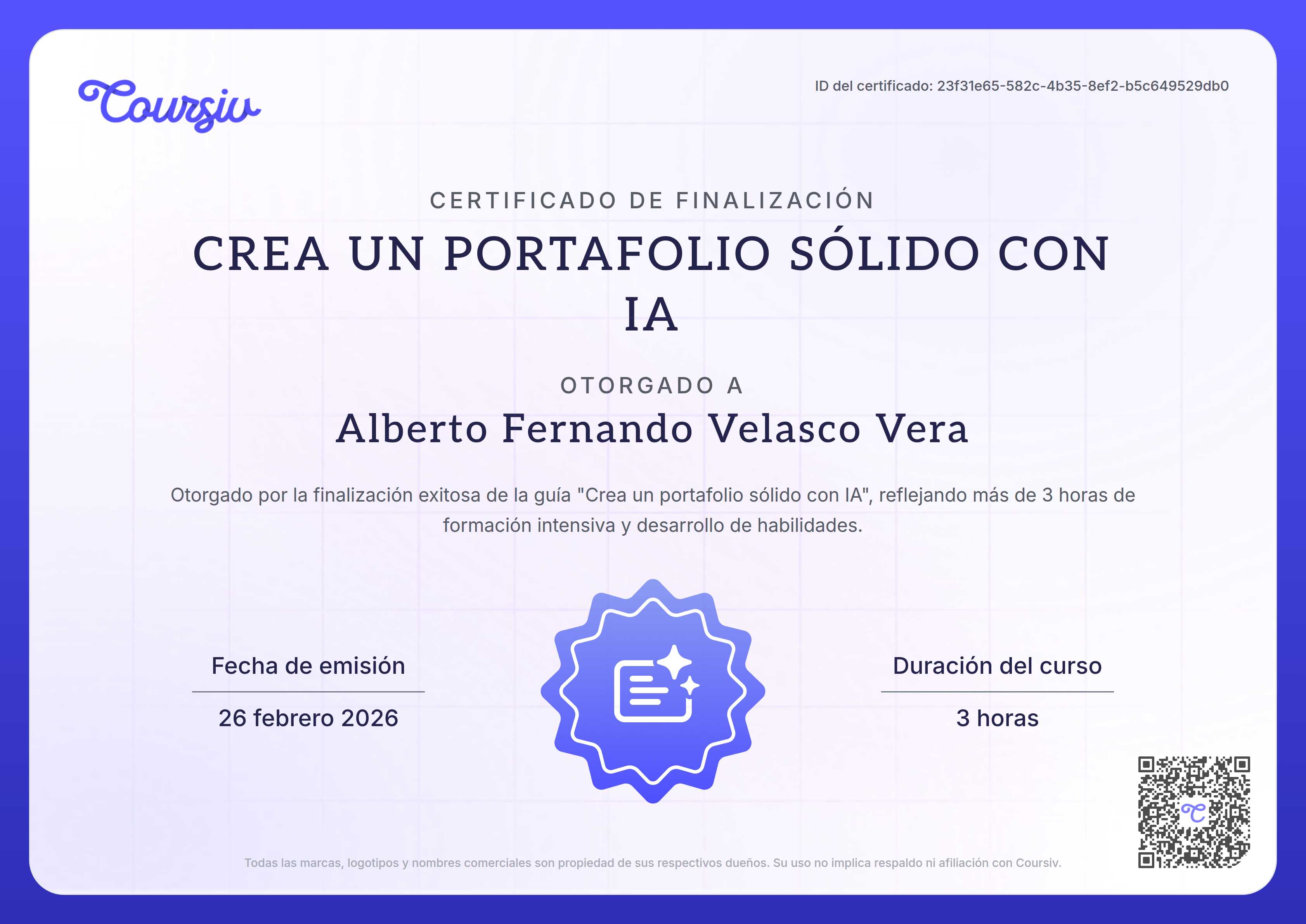 Certificate for Crea un portafolio sólido con IA