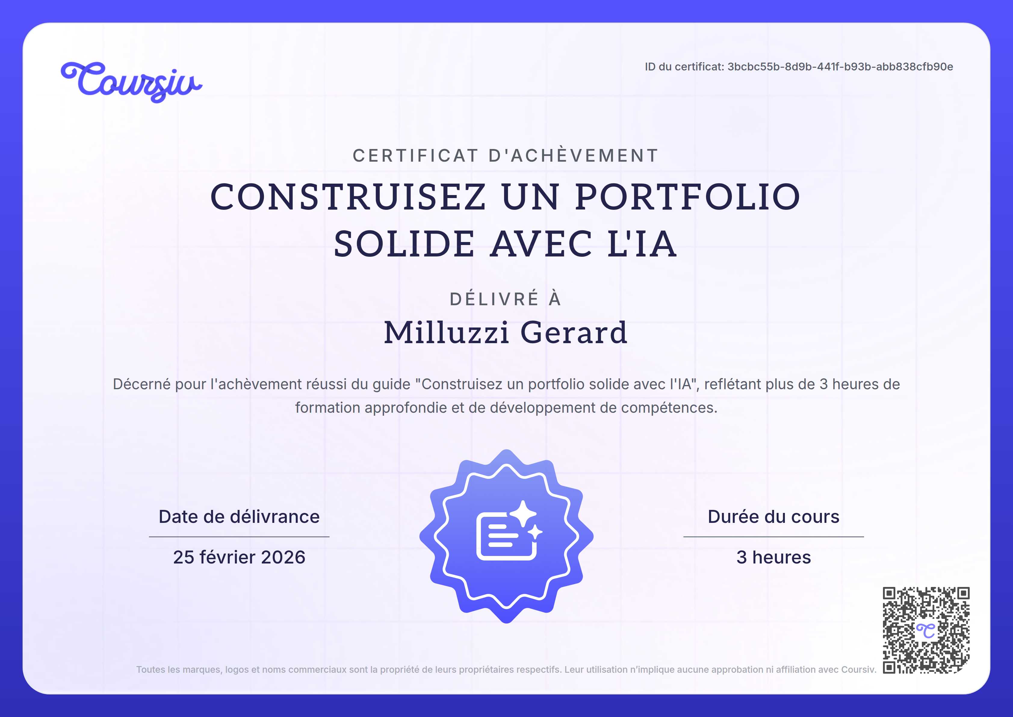 Certificate for Créer un portfolio percutant avec l'IA
