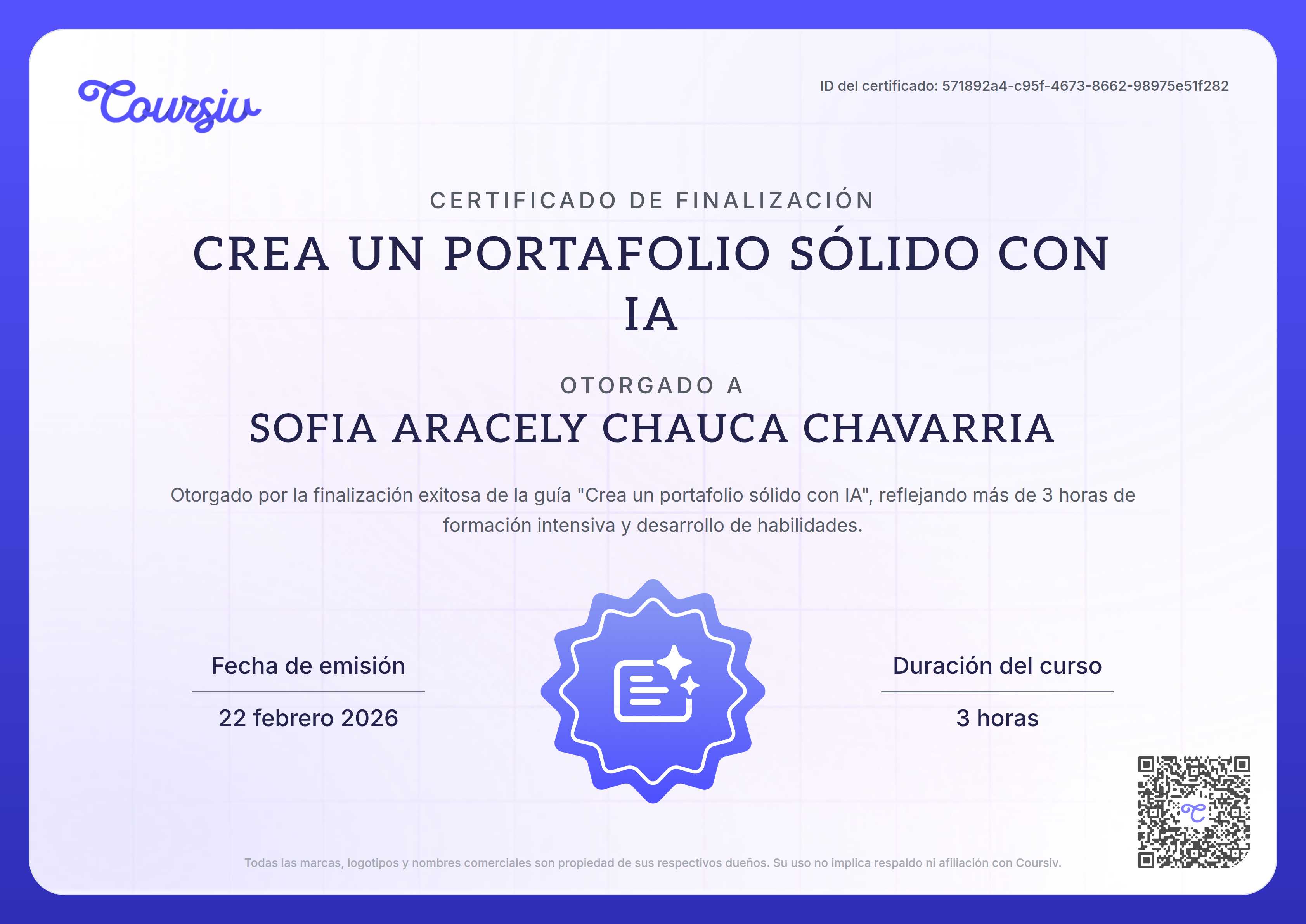 Certificate for Crea un portafolio sólido con IA