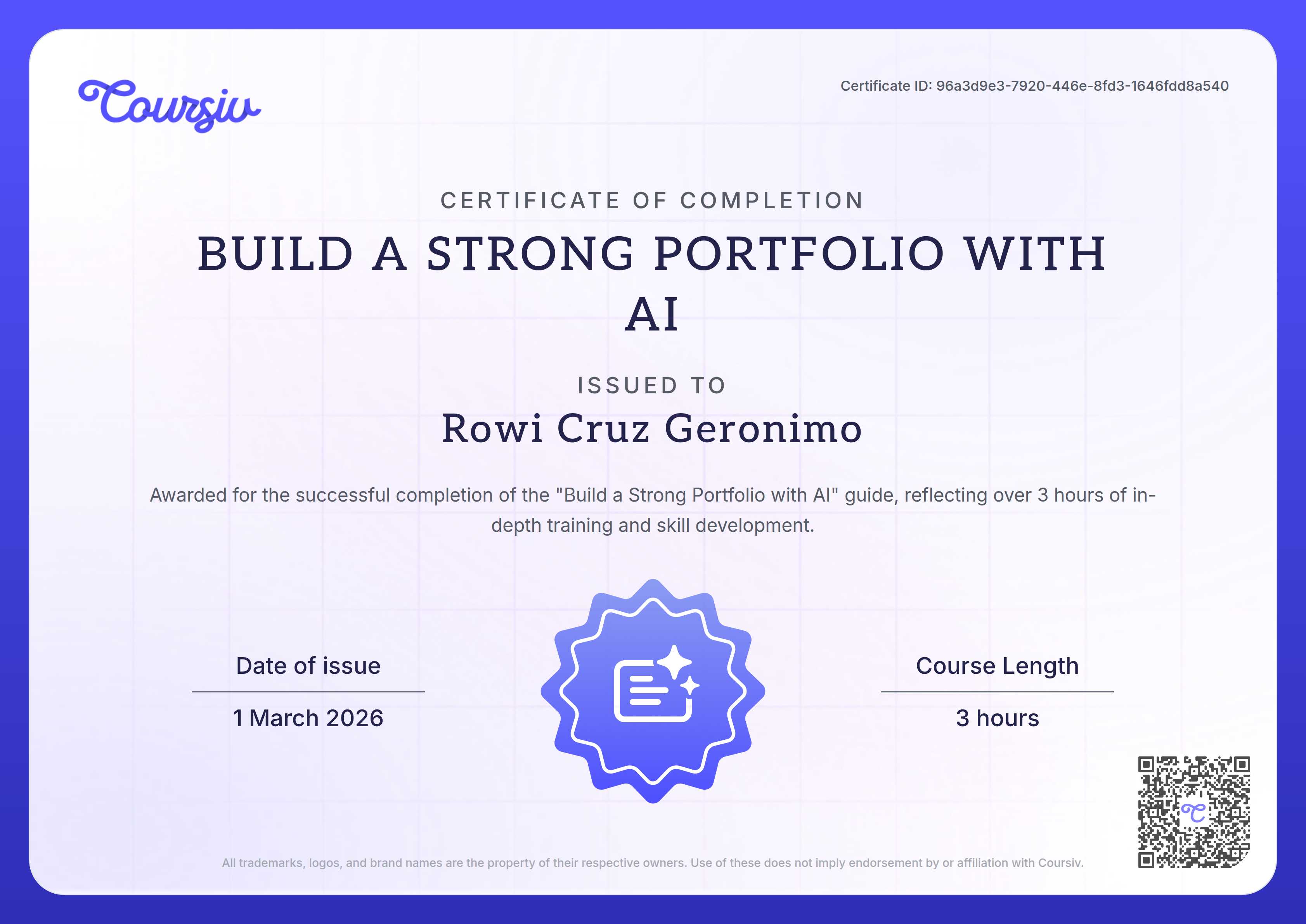 Certificate for Build a Strong Portfolio with AI
