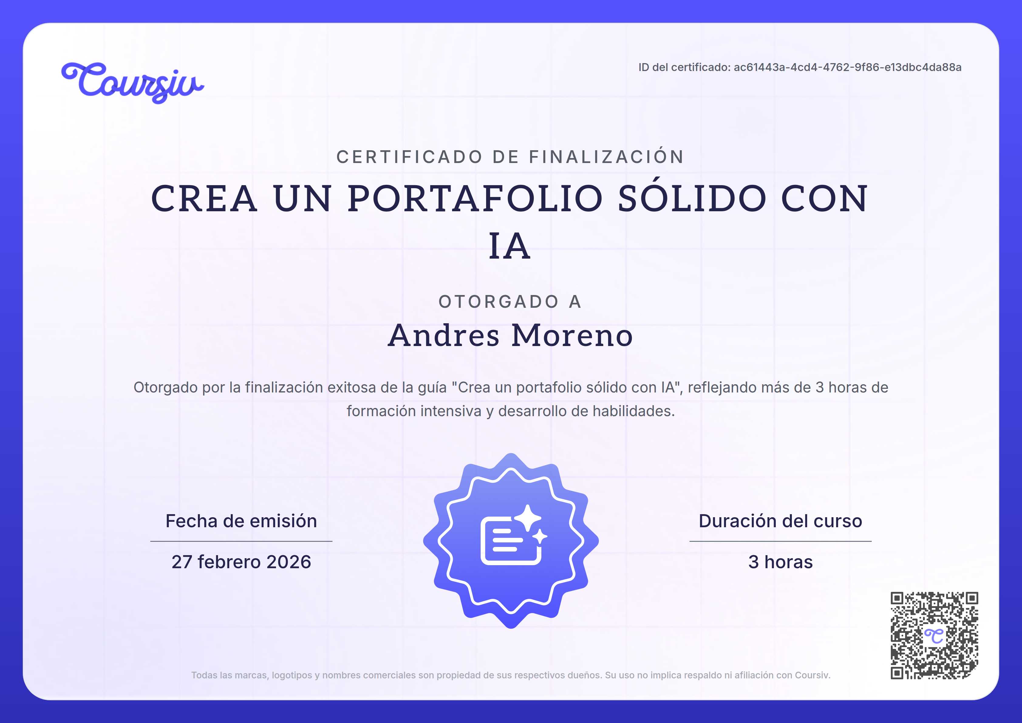 Certificate for Crea un portafolio sólido con IA
