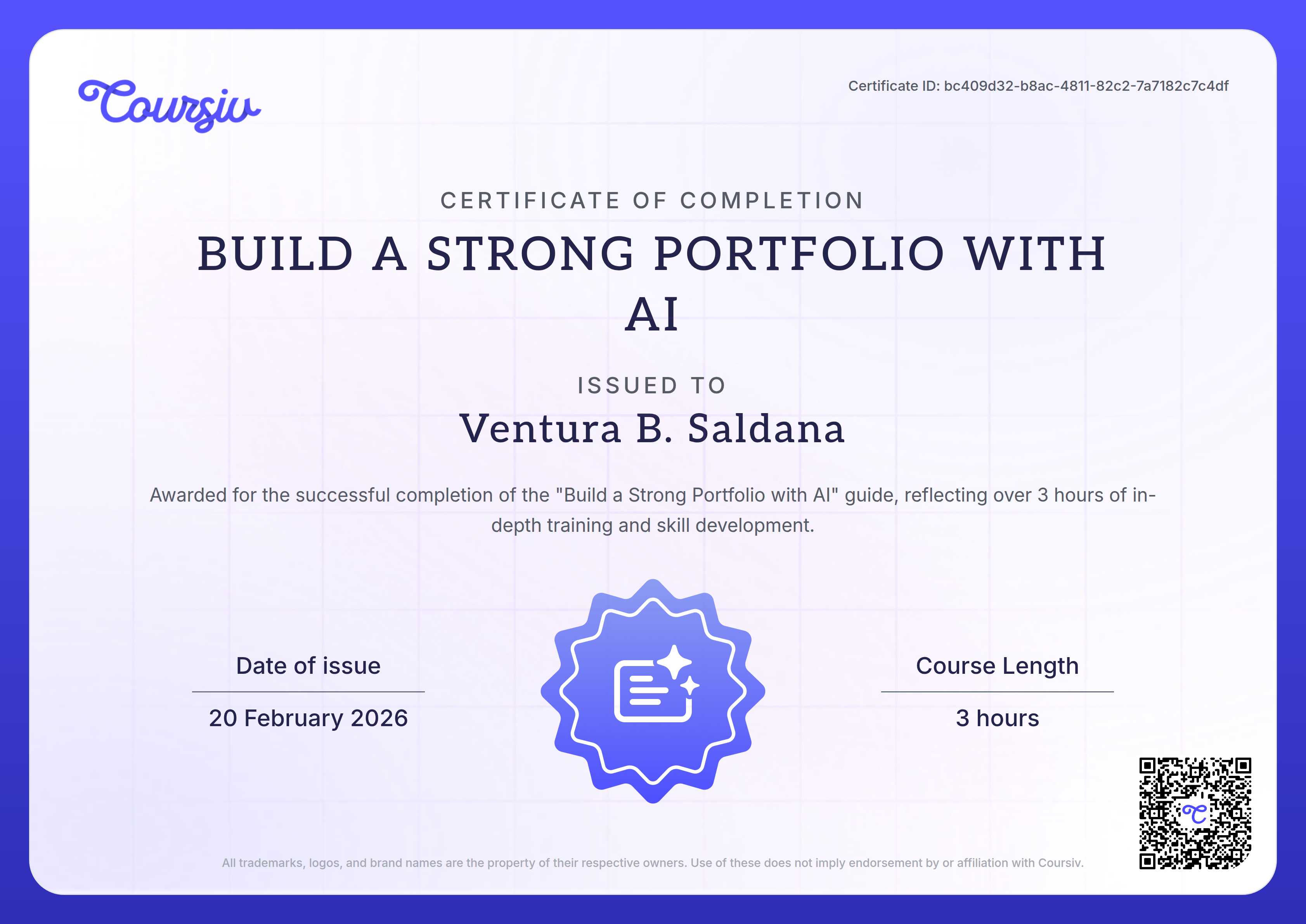 Certificate for Build a Strong Portfolio with AI
