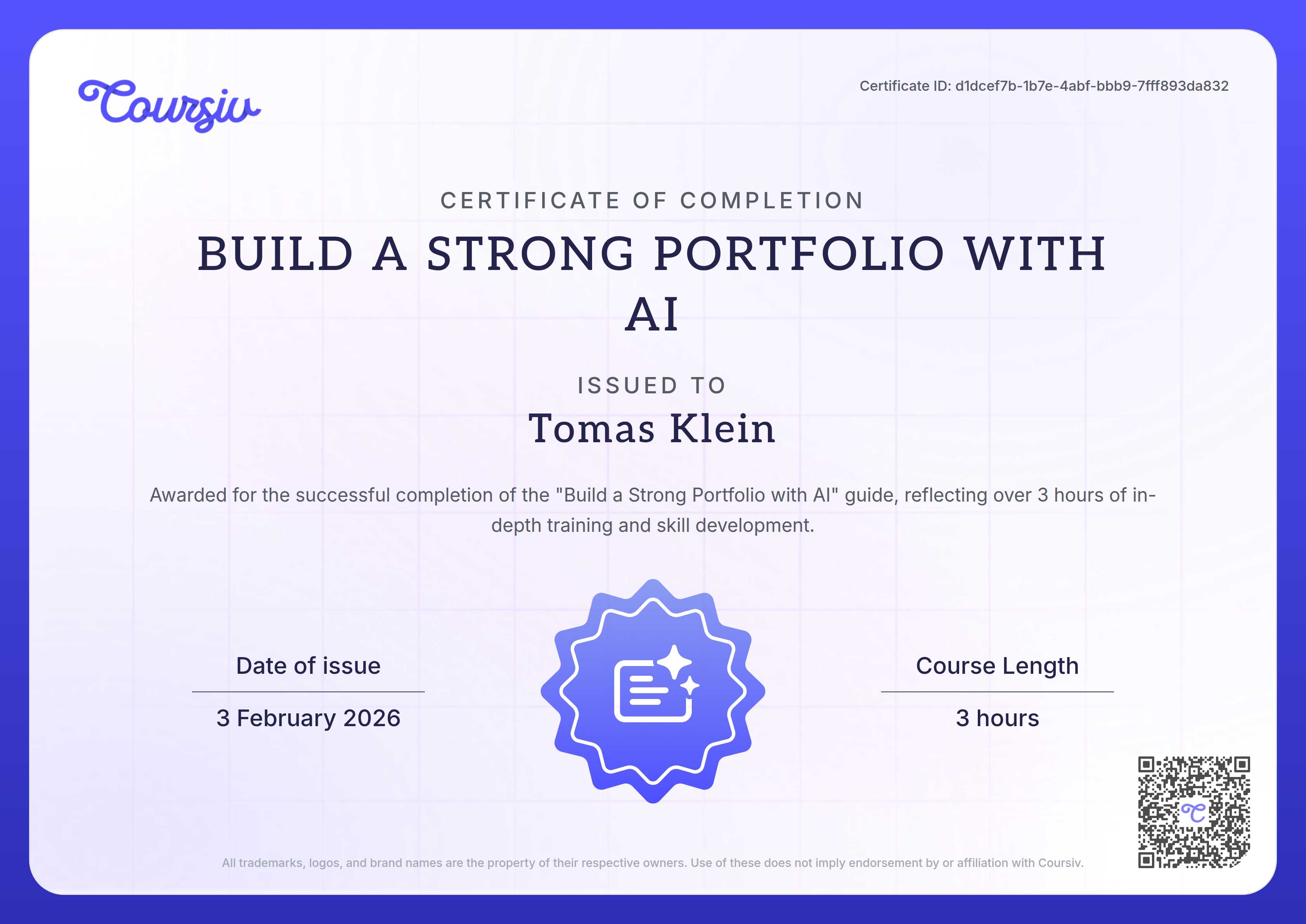 Certificate for Build a Strong Portfolio with AI